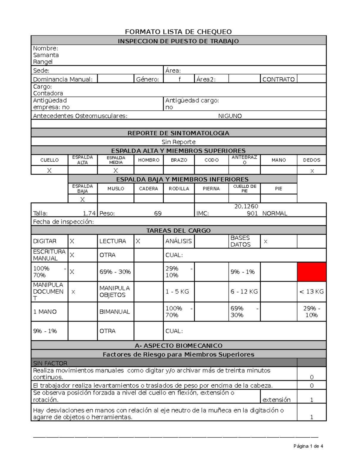 Contadora - FORMATO LISTA DE CHEQUEO INSPECCION DE PUESTO DE TRABAJO ...