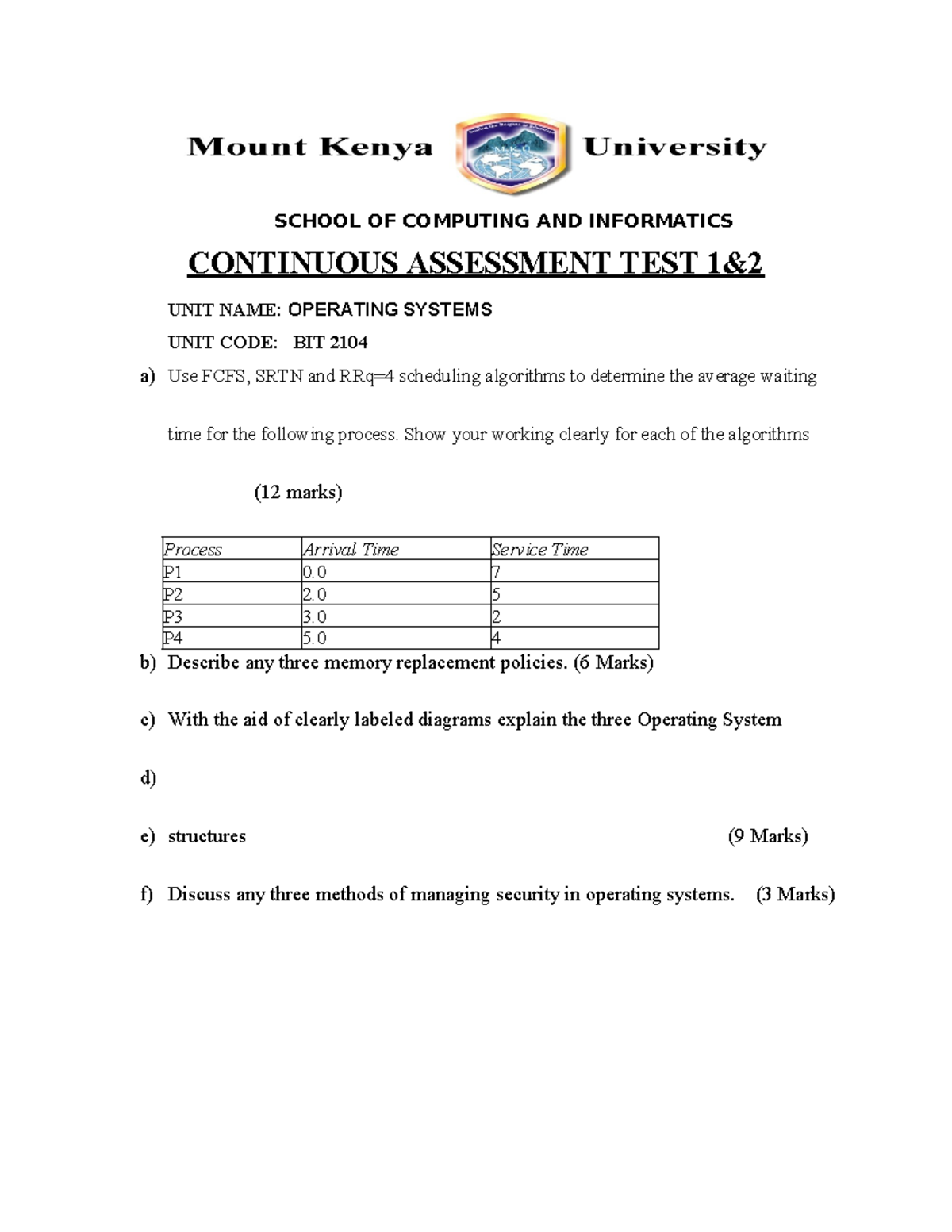 BIT2104 CATS- Operating systems - SCHOOL OF COMPUTING AND INFORMATICS ...