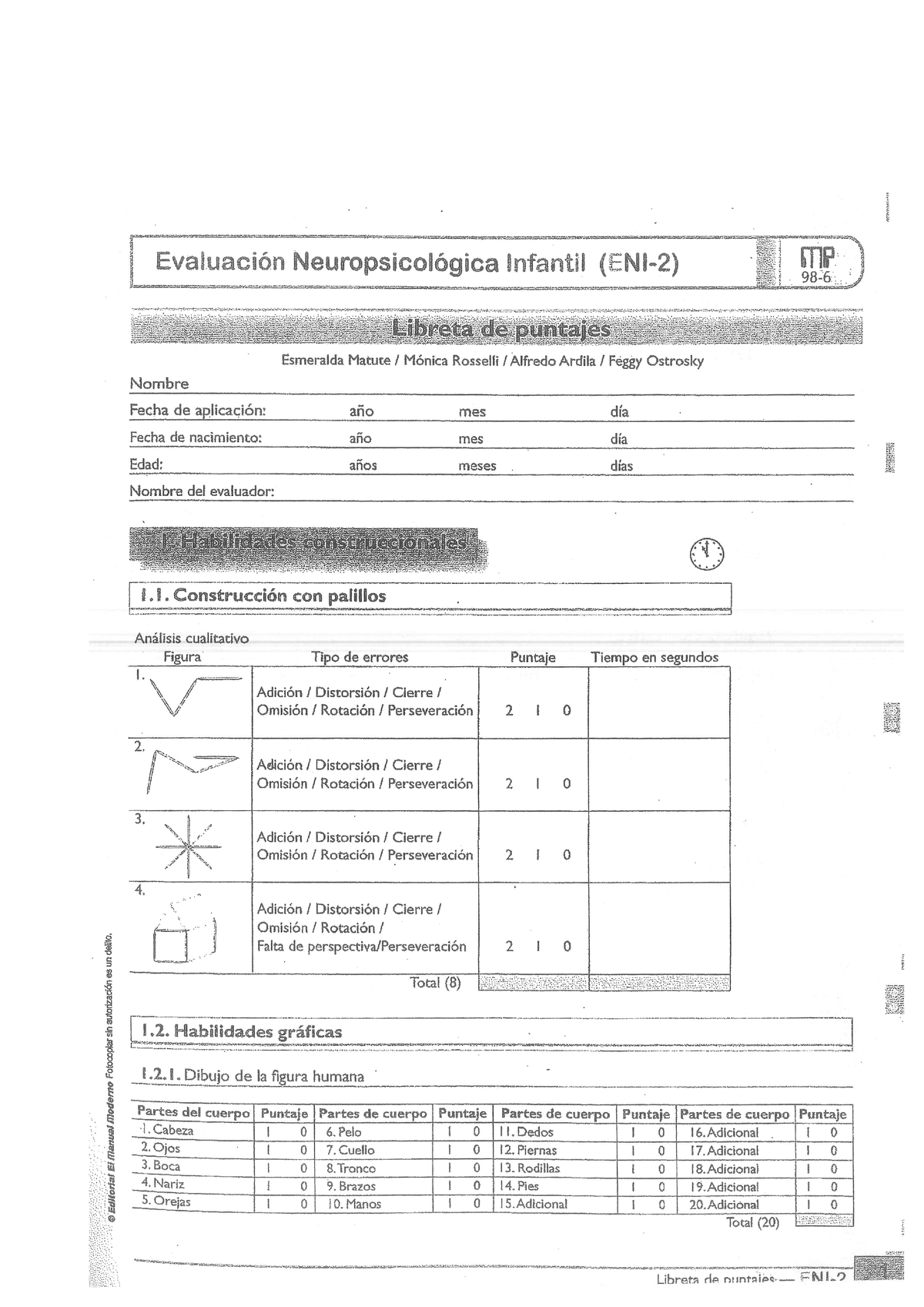 350185103 ENI 2 Evaluacion Neuropsicologica Ninos Libretas de Puntajes ...