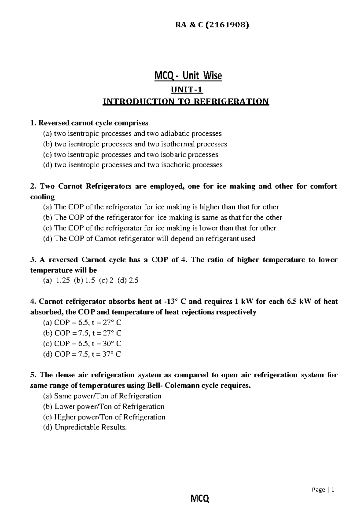 Mcq Of Refrigeration And Airconditioning2161908 Refrigeration And
