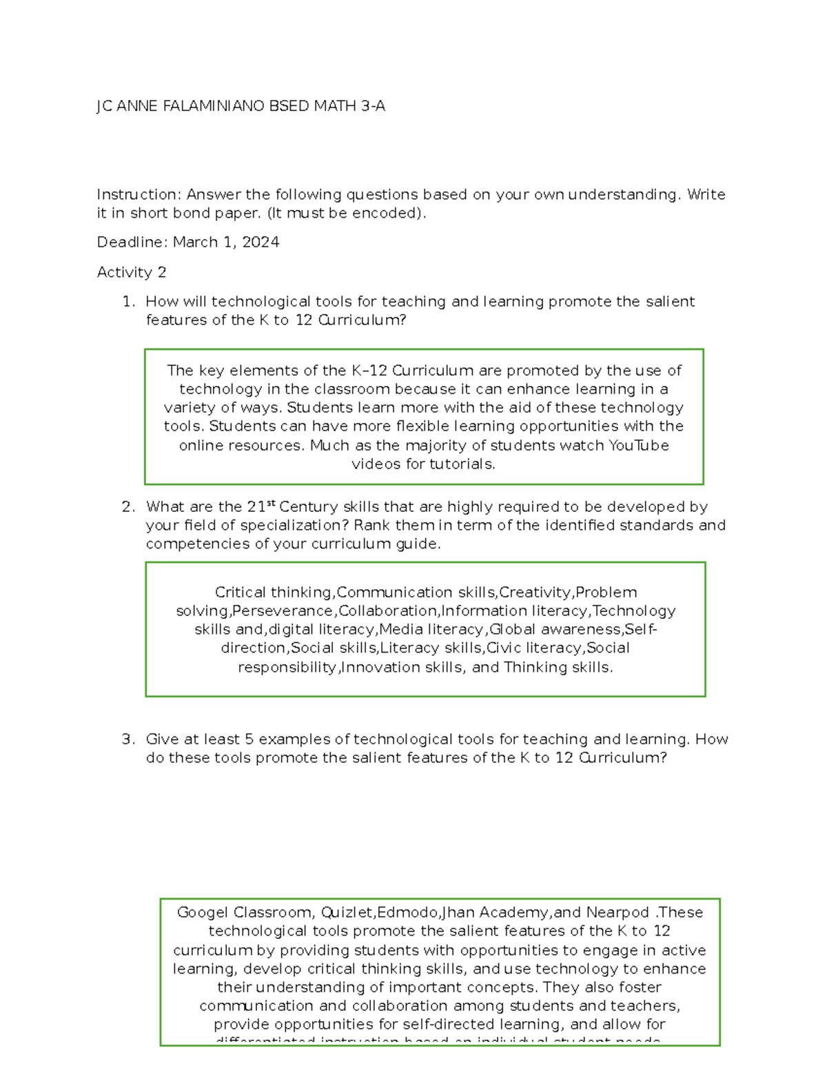 Activity-2 - JC ANNE FALAMINIANO BSED MATH 3-A Instruction: Answer the ...