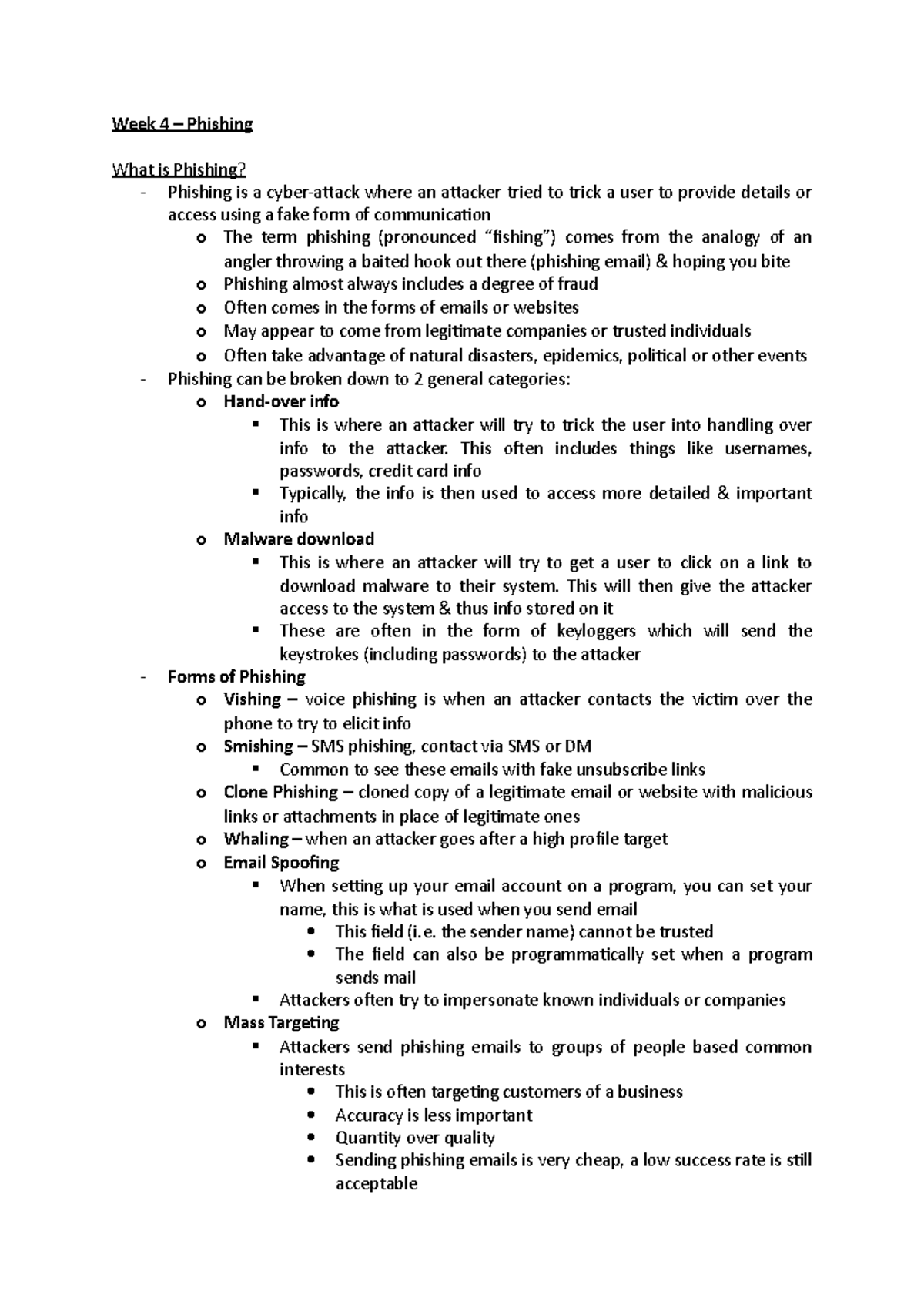 Week 4 Notes - Week 4 – Phishing What is Phishing? - Phishing is a ...