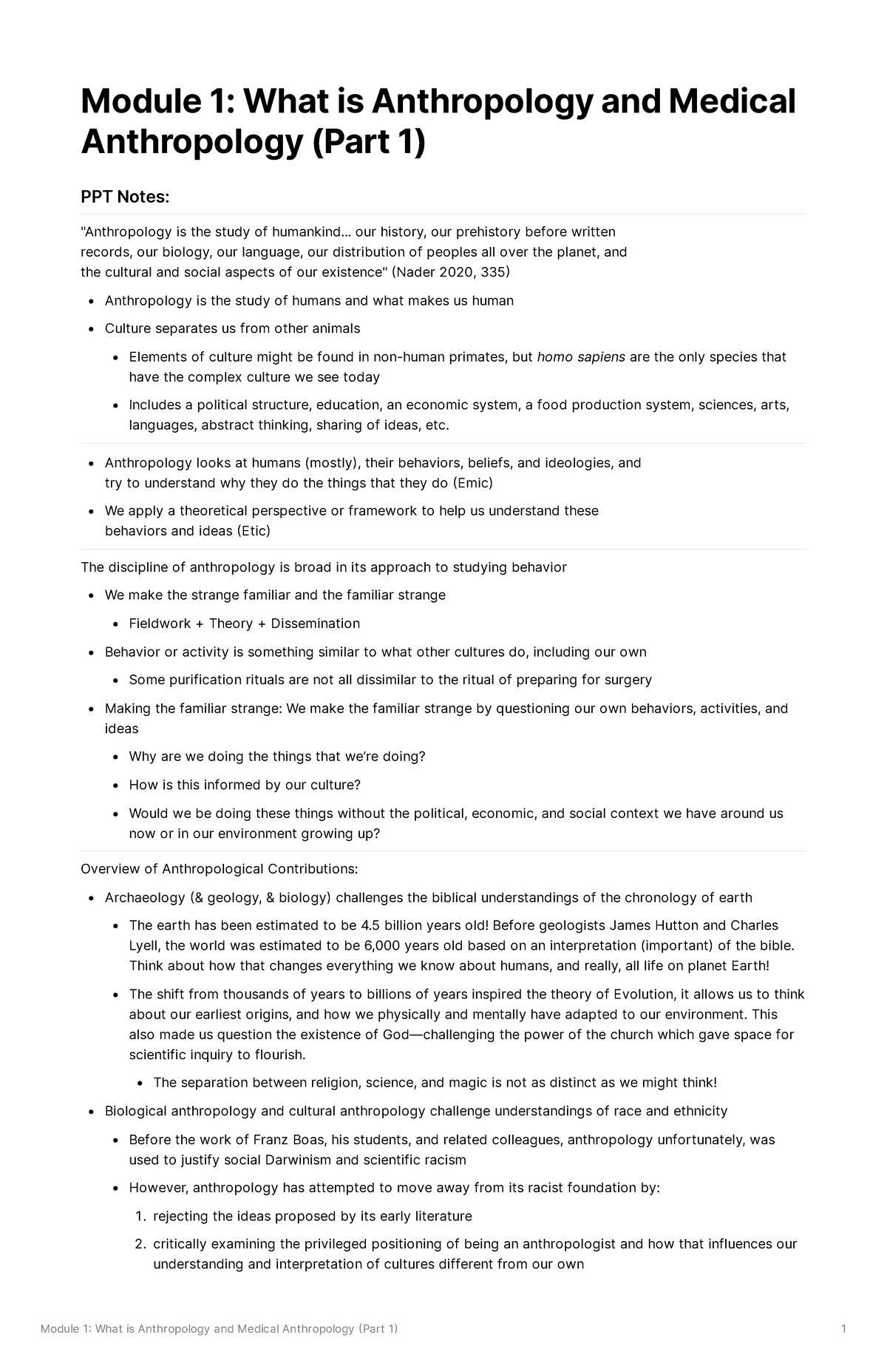 Module 1 Notes (M1) Module Ԇ What is Anthropology and Medical
