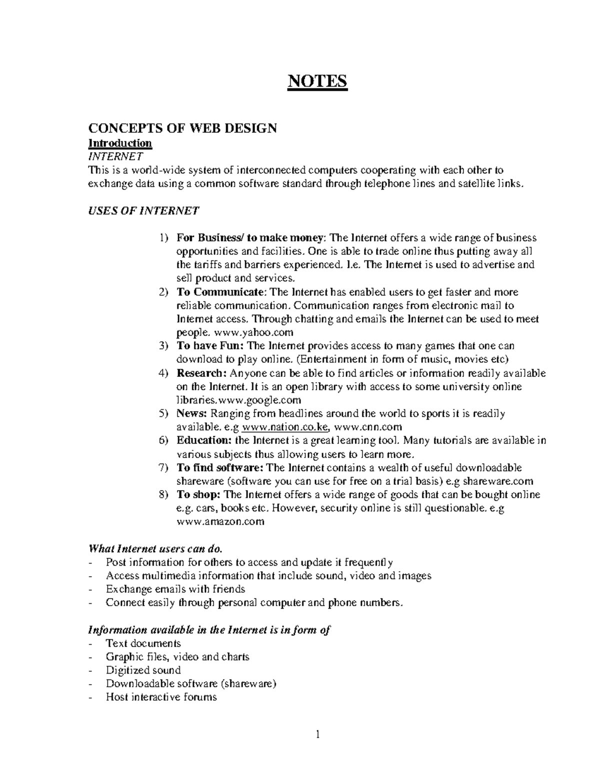 Web design - NOTES CONCEPTS OF WEB DESIGN Introduction INTERNET This is ...