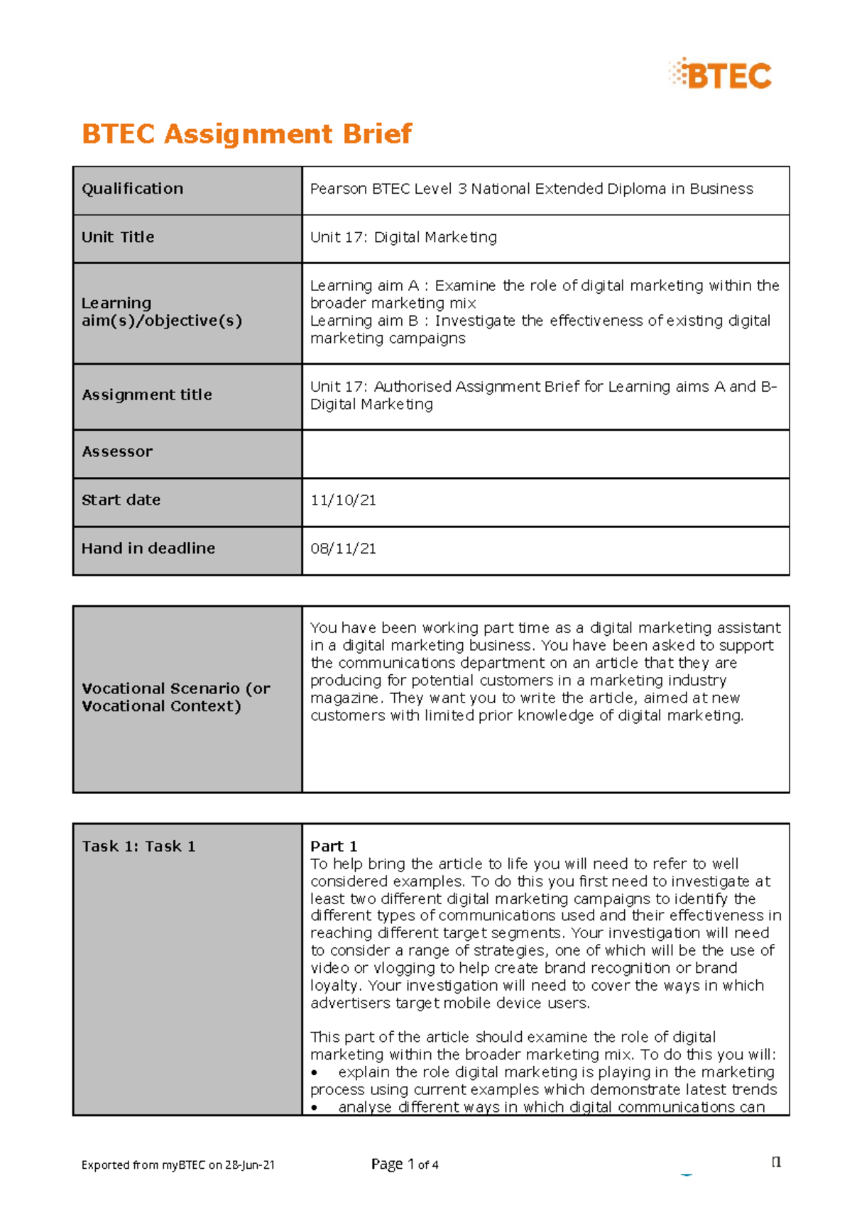 Unit 17 Authorised Assignment Brief For Learning Aims A And B- Digital ...