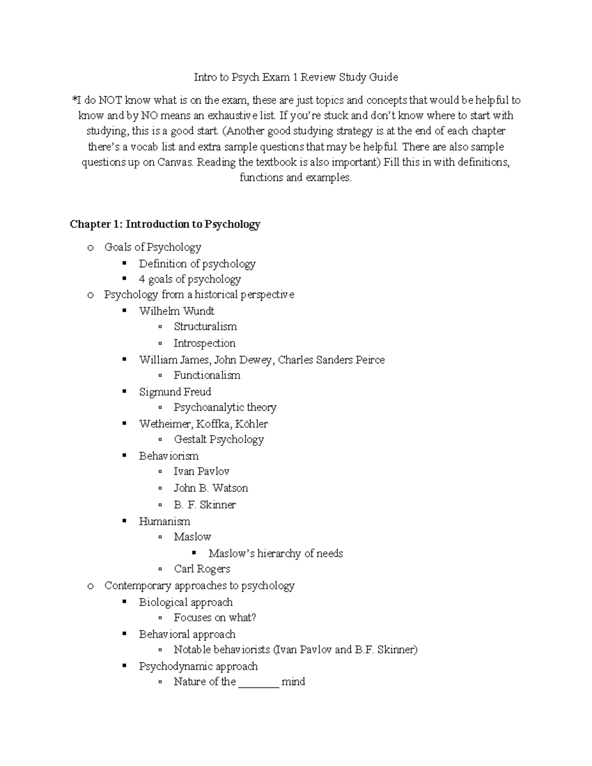Intro to Psych Exam 1 Review - Intro to Psych Exam 1 Review Study Guide ...