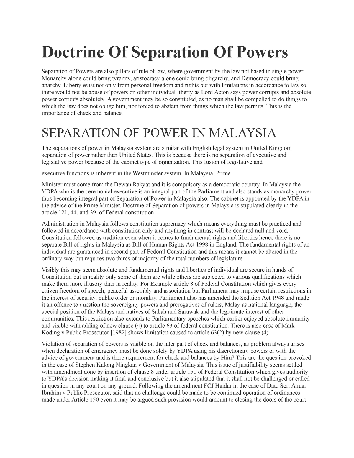 separation of power in malaysia essay