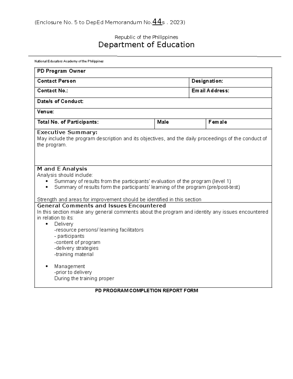 PD Program Completion Report FORM - (Enclosure No. 5 to DepEd ...