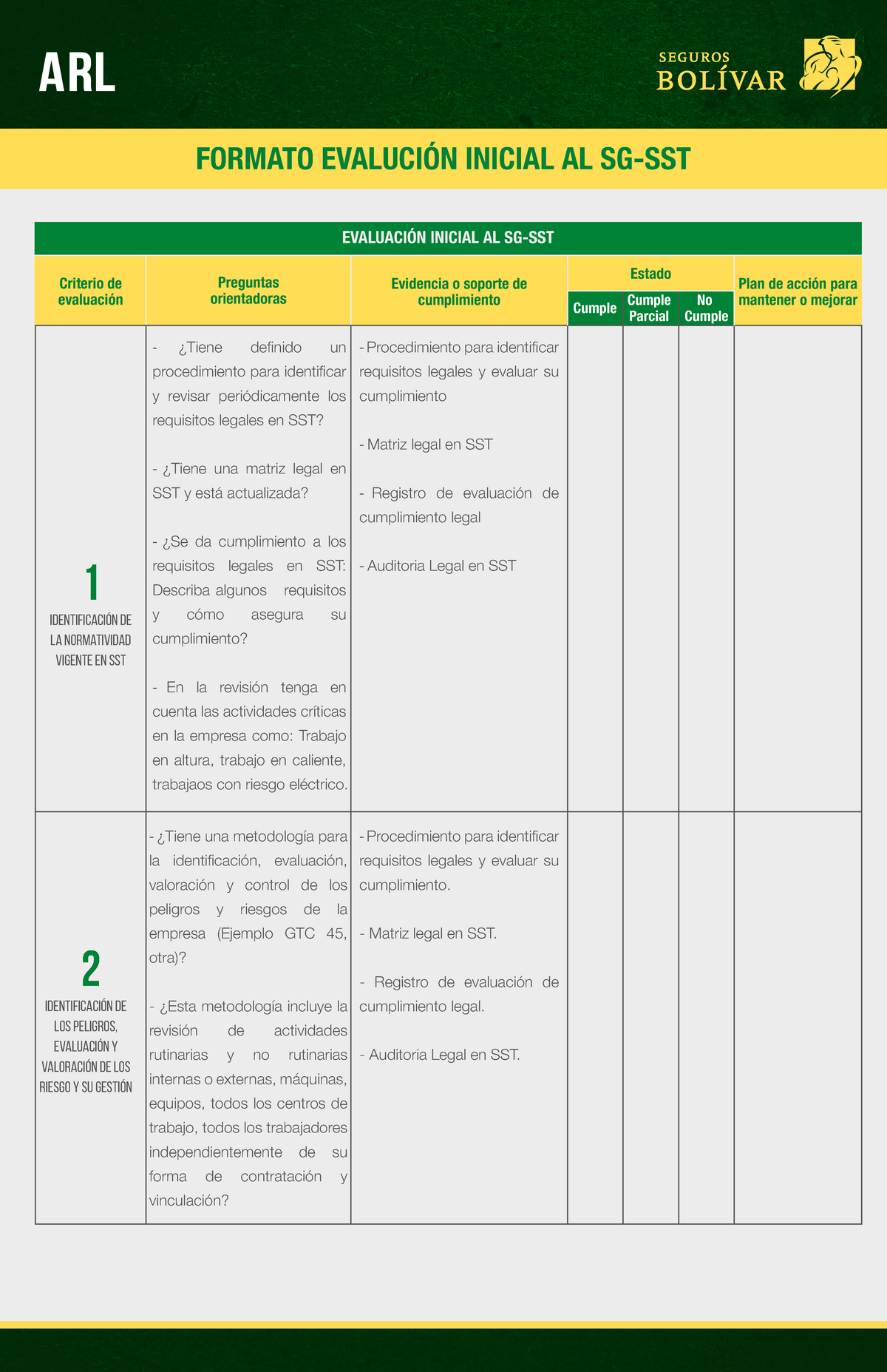 Formato EvalucióN Inicial AL SG SST EVALUACIÓN INICIAL AL SG SST