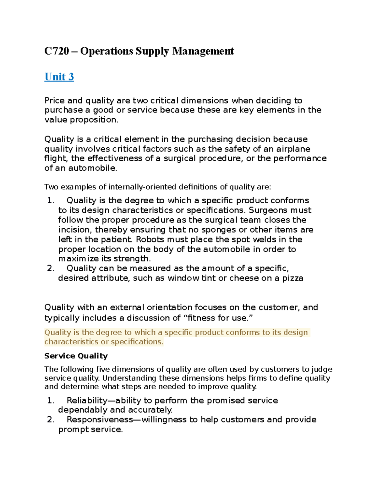 C720 – Operations Supply Management Unit 3 Notes - C720 – Operations ...