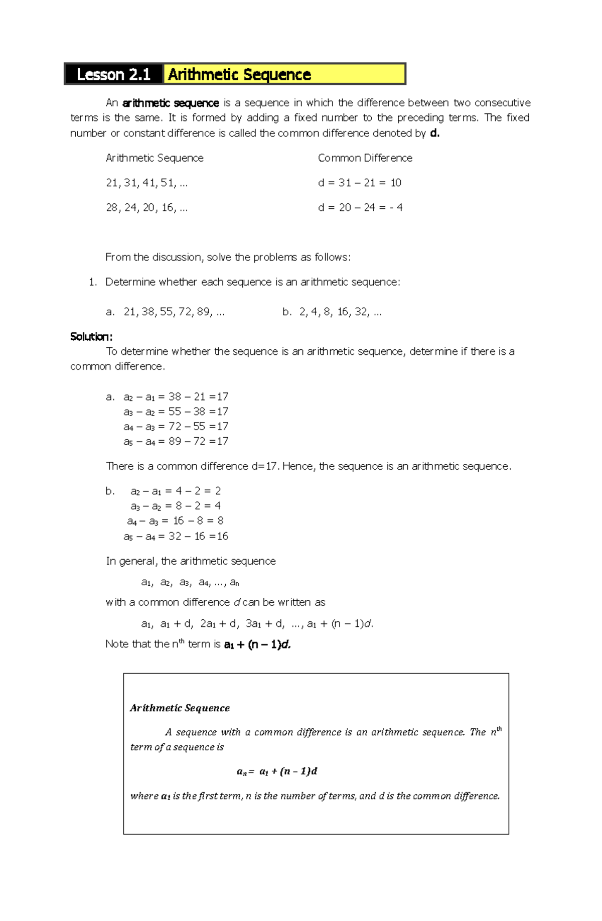 Module 1 Lesson 2 - An arithmetic sequence is a sequence in which the ...