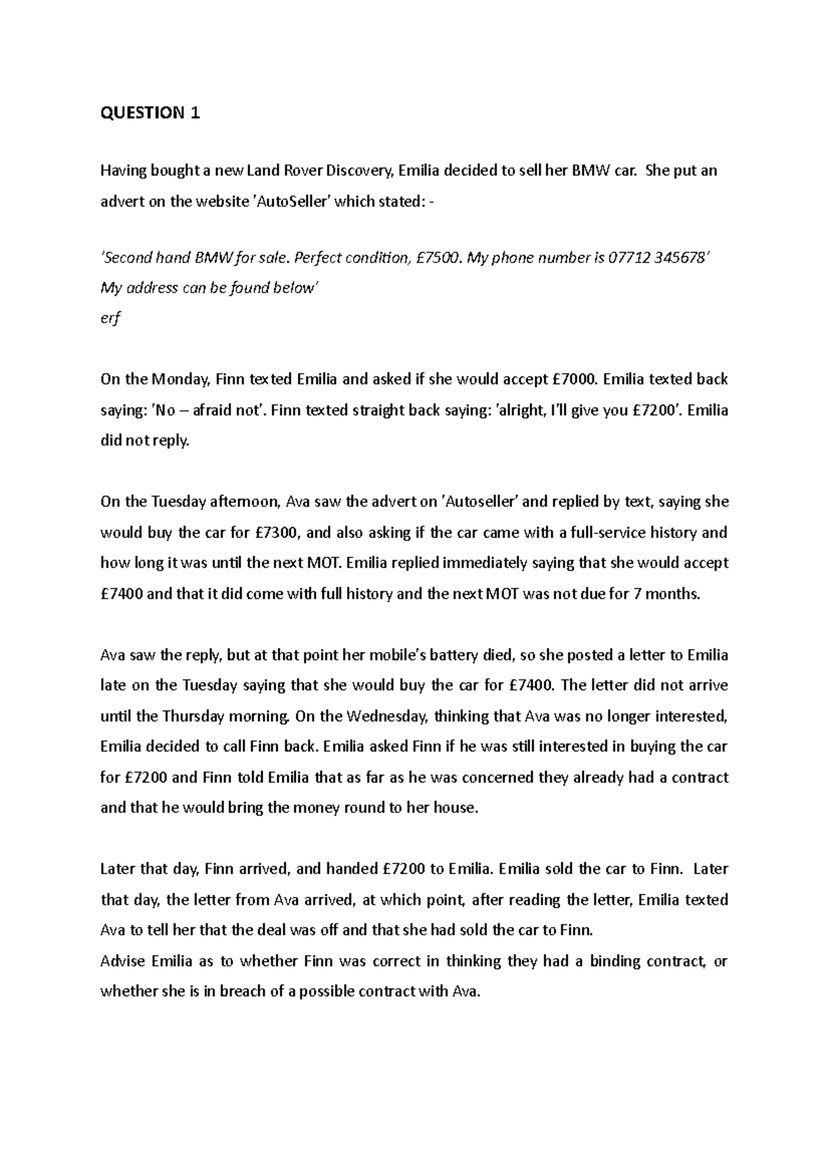 Offer and Acceptance problem question with answer QUESTION 1 Having