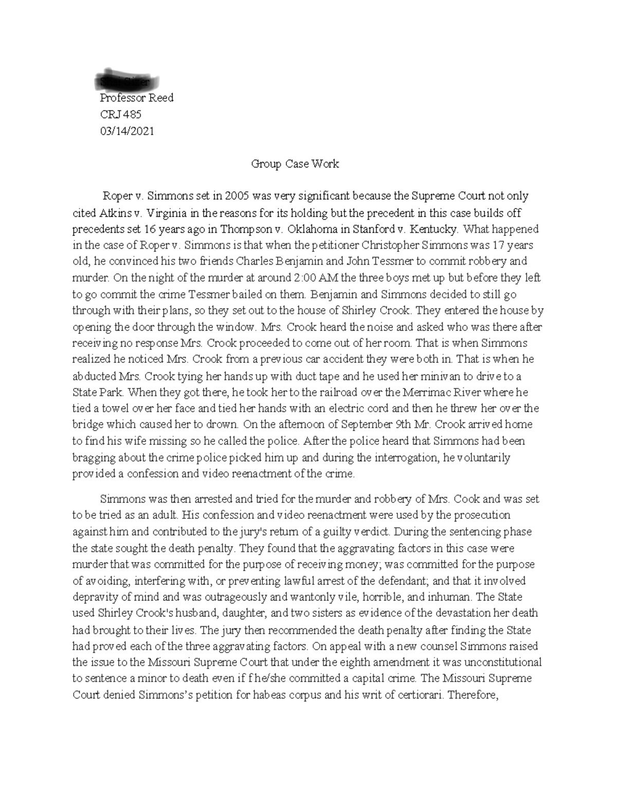 Roper v. Simmons Group work Shai Sizer Professor Reed CRJ 485 03/14
