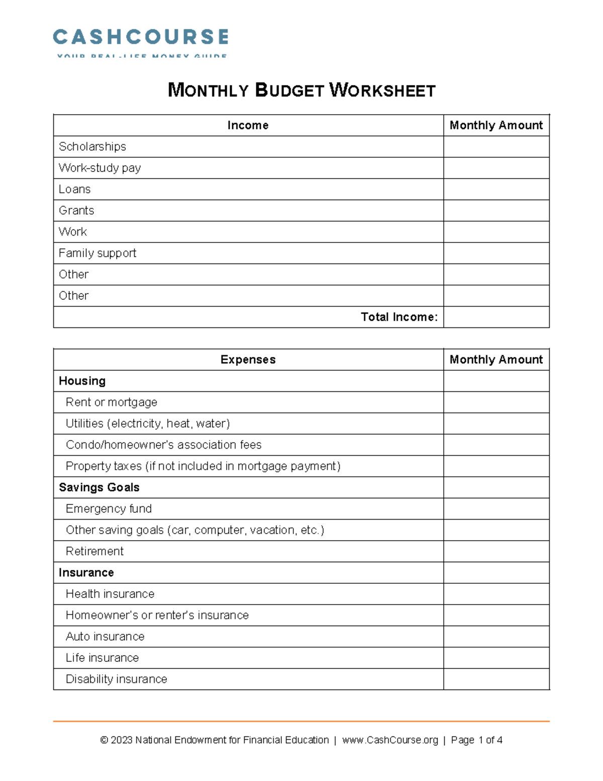 Monthly Budget Worksheet - MONTHLY BUDGET WORKSHEET Income Monthly ...