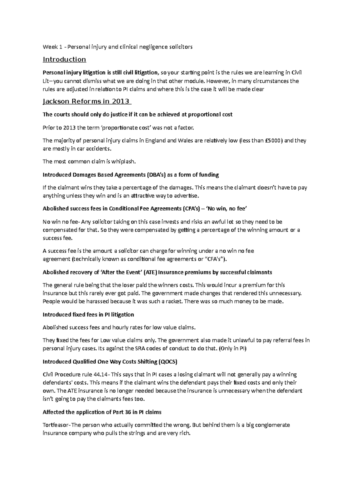 Personal injury notes - Week 1 - Personal injury and clinical ...