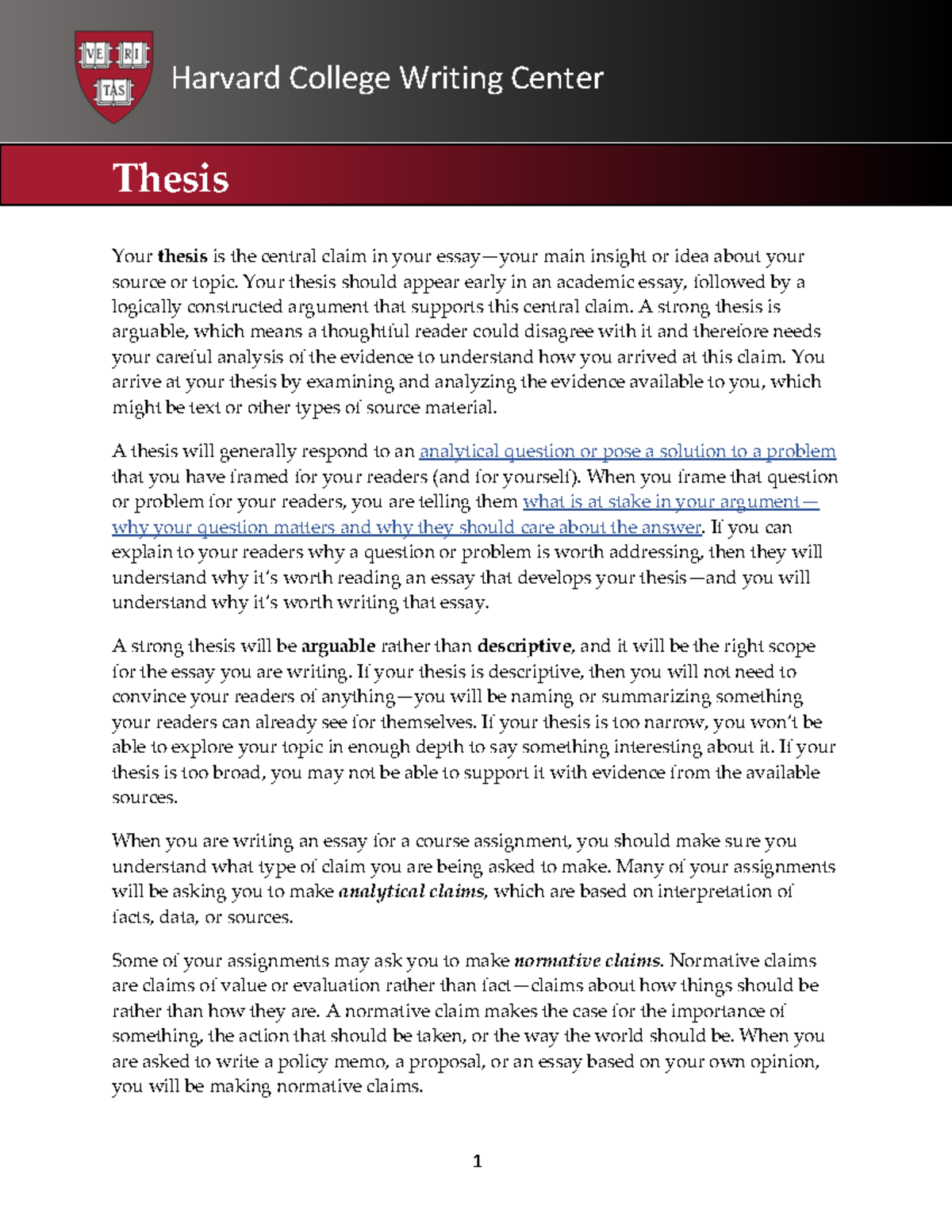 harvard college writing center developing a thesis