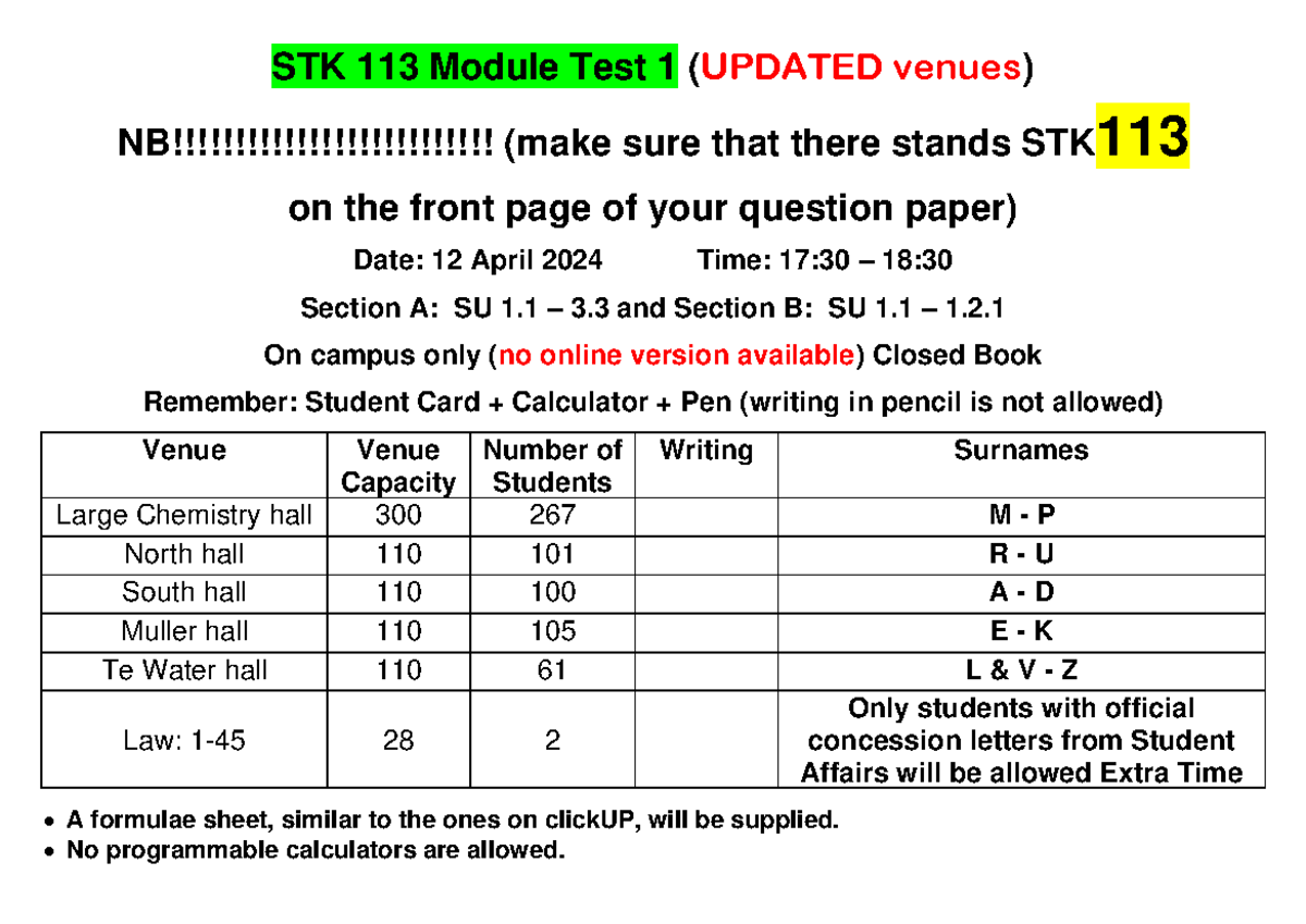 STK 113 Module Test 1 Scope 2024 ( Updated venues) - STK 1 13 Module ...