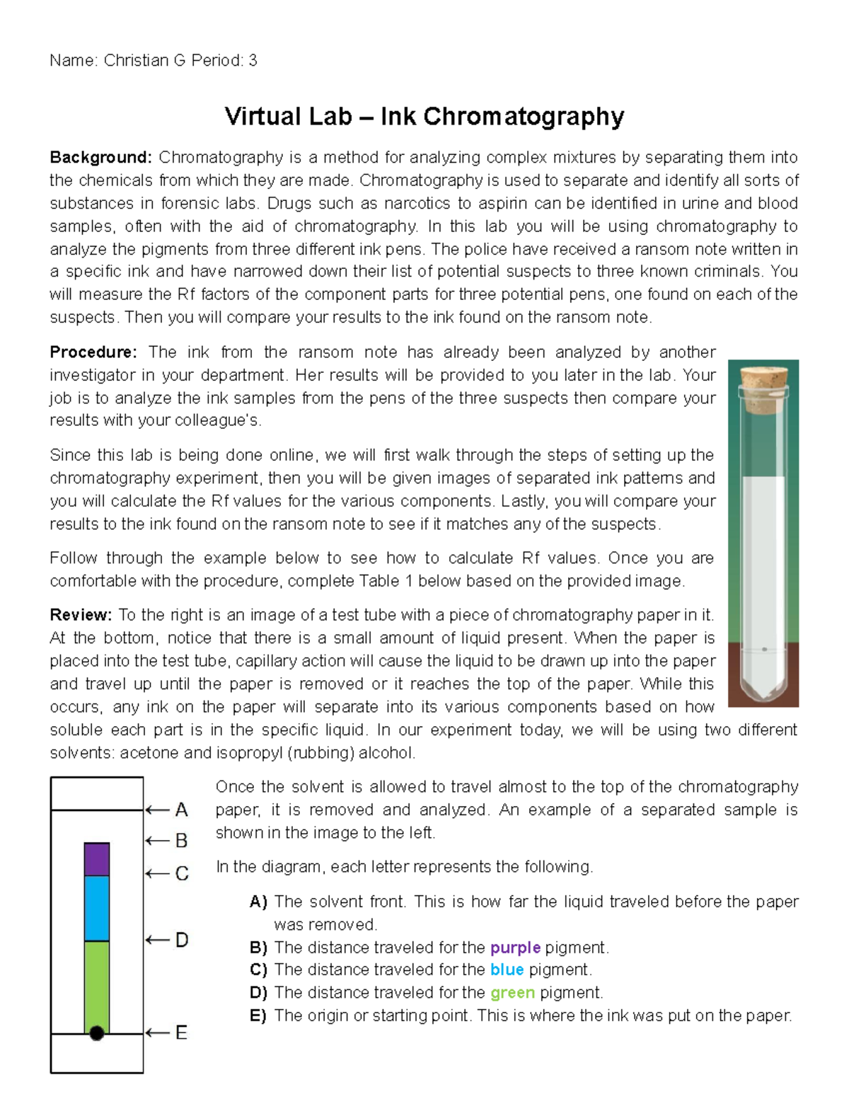 Virtual Chromatography Lab Name Christian G Period 3 Virtual Lab