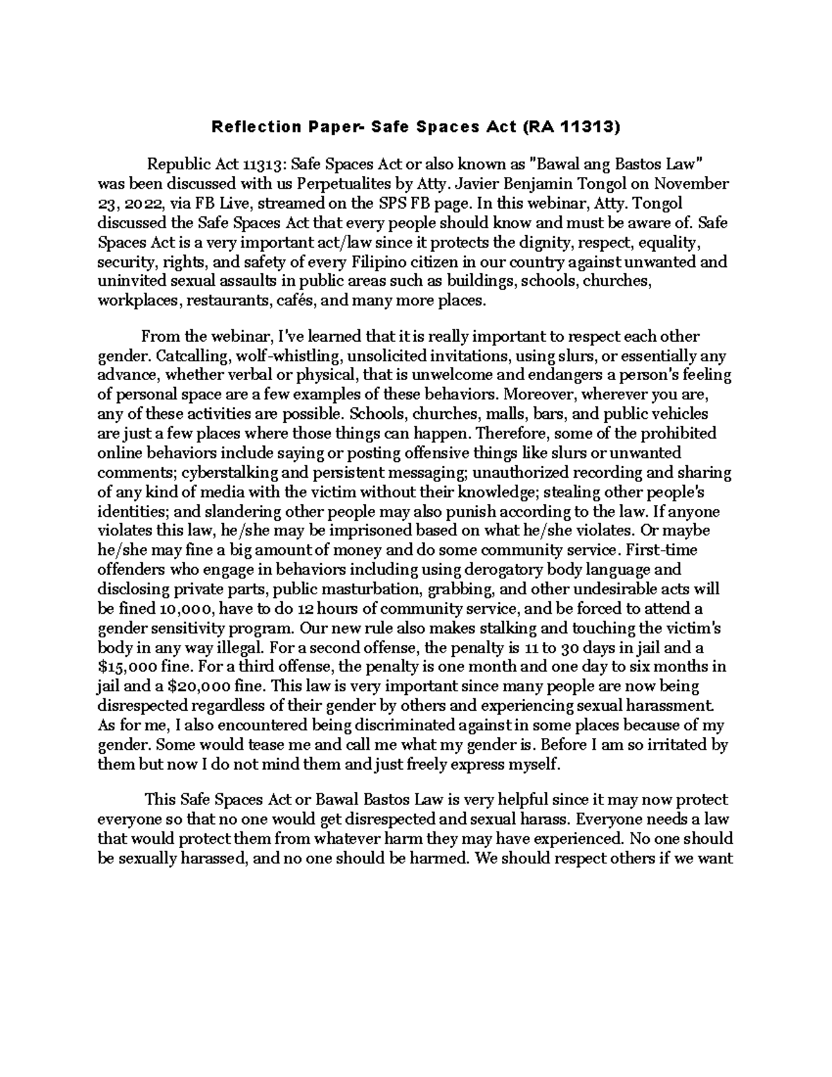 Safe spaces act Anti Bastos LAw Reflection Paper Safe Spaces Act