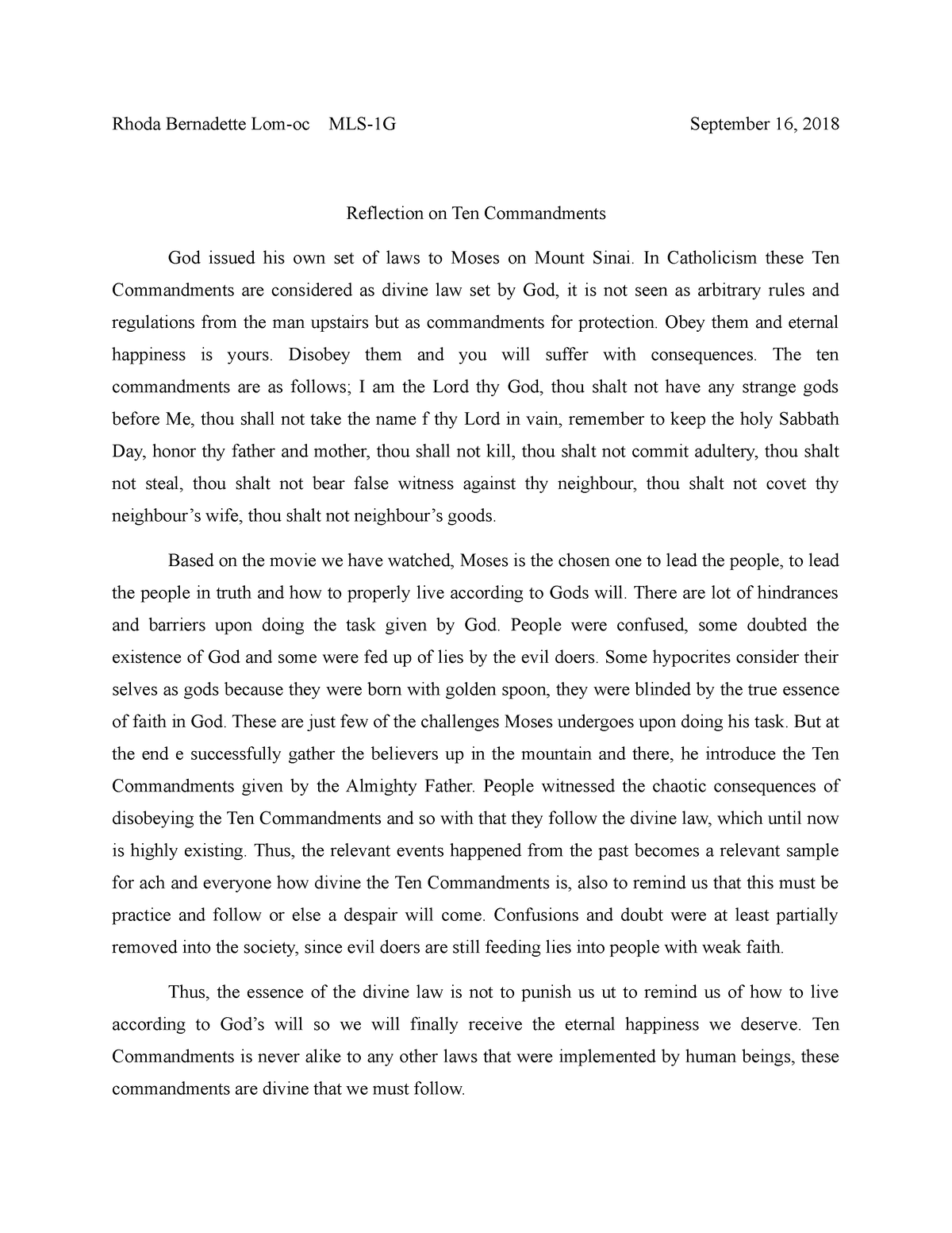 Reflection Ten Commandments assignment essay - Rhoda Bernadette Lom-oc ...