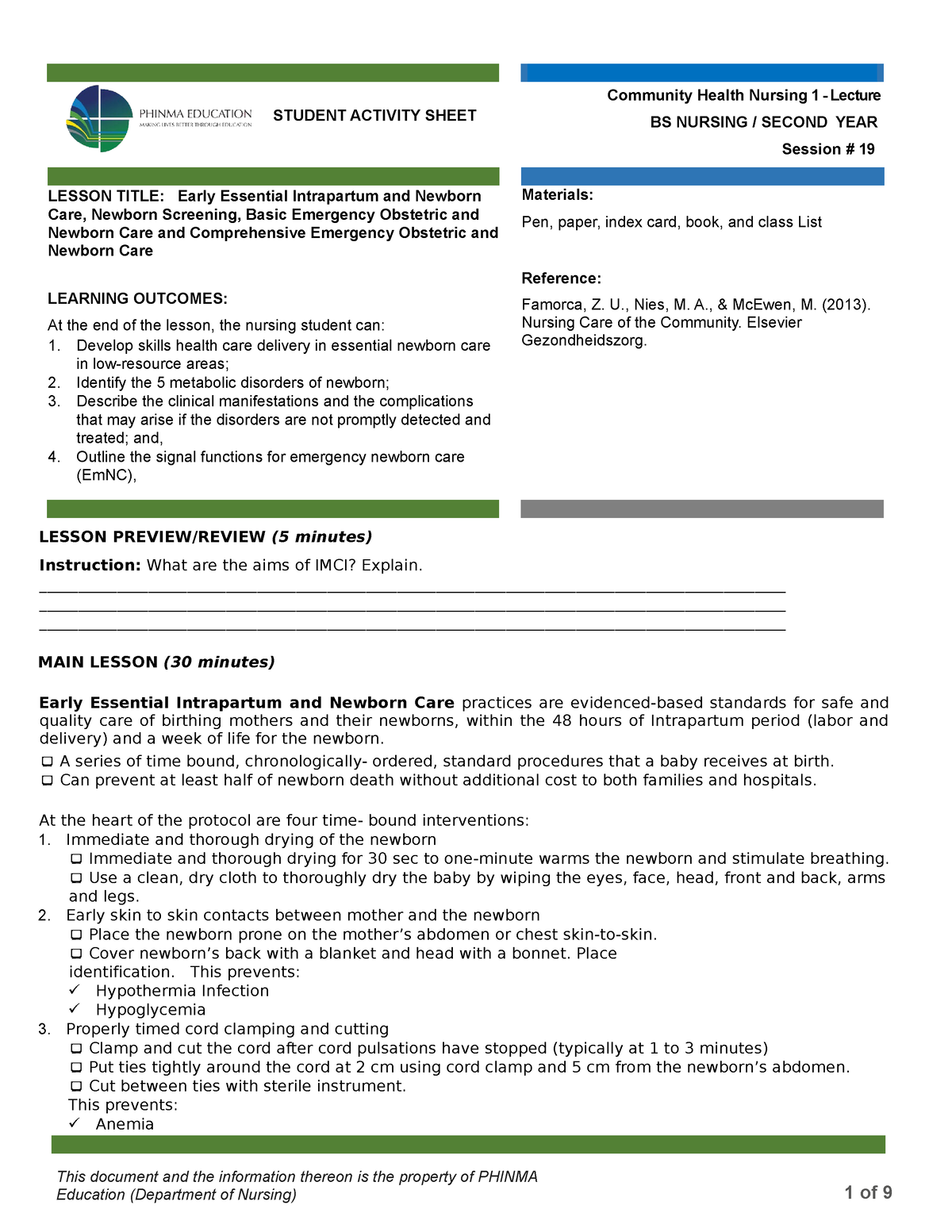 CHN1 Lec Session 19 SAS - Notes - STUDENT ACTIVITY SHEET Community ...