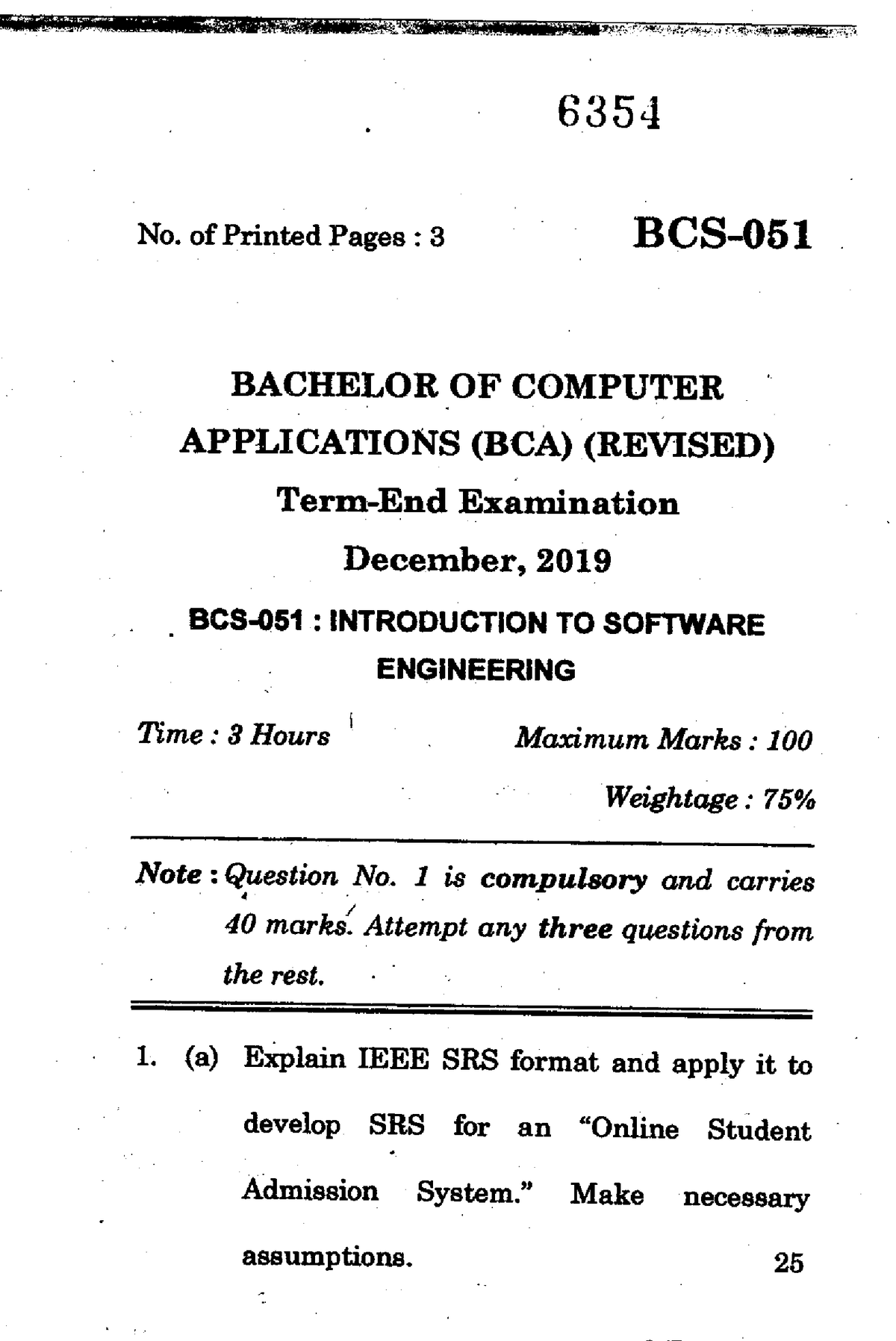 Bcs 051 Important Question 6354 No Of Printed Pages 3 Bcs