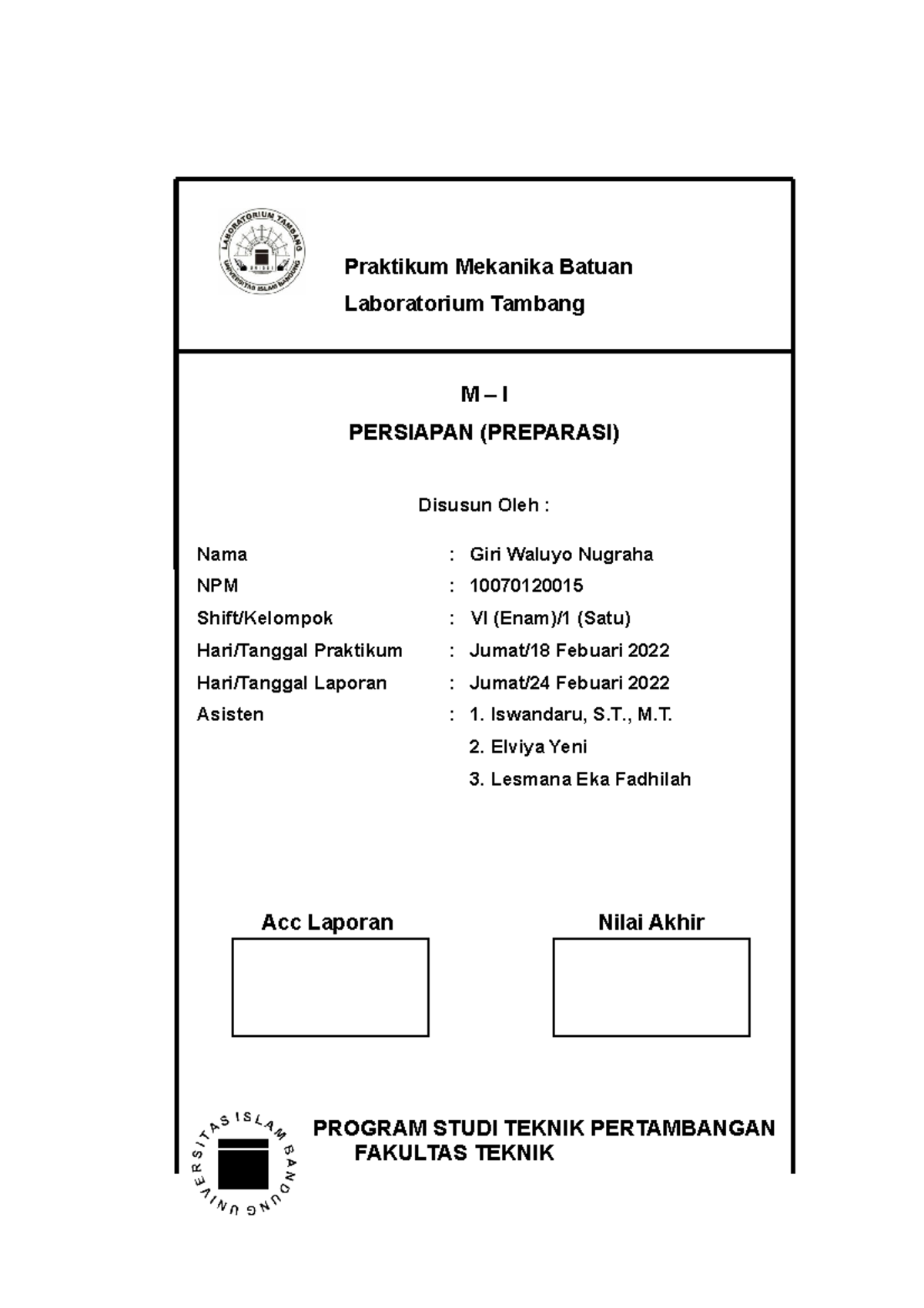 1. Laporan Preparasi - Praktikum Mekanika Batuan Laboratorium Tambang M ...