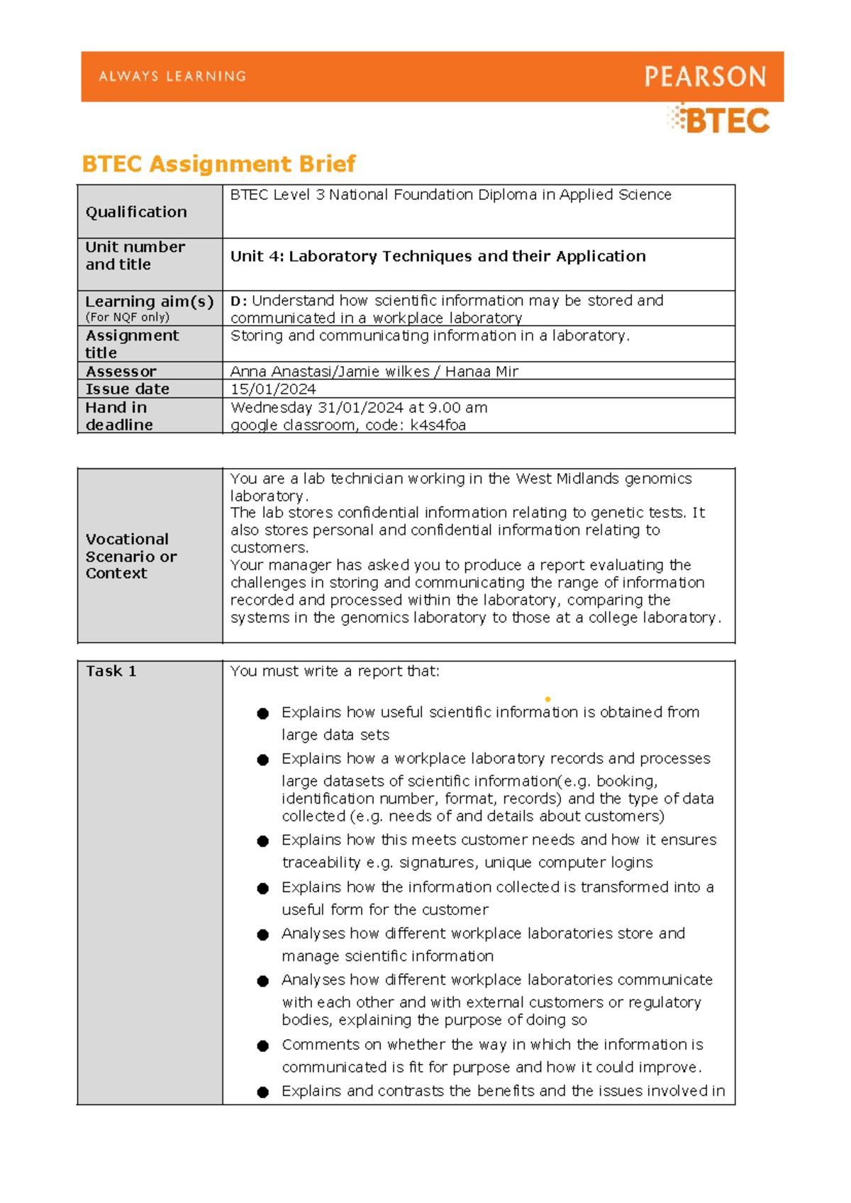 Unit 4 LAD Brief - BTEC Assignment Brief Qualification BTEC Level 3 ...