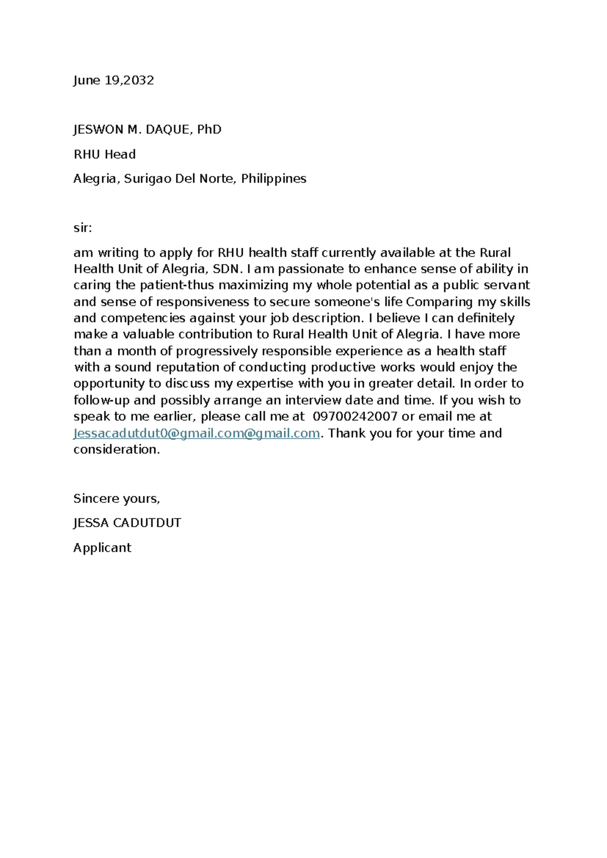 Document - Hatdog - June 19, JESWON M. DAQUE, PhD RHU Head Alegria ...