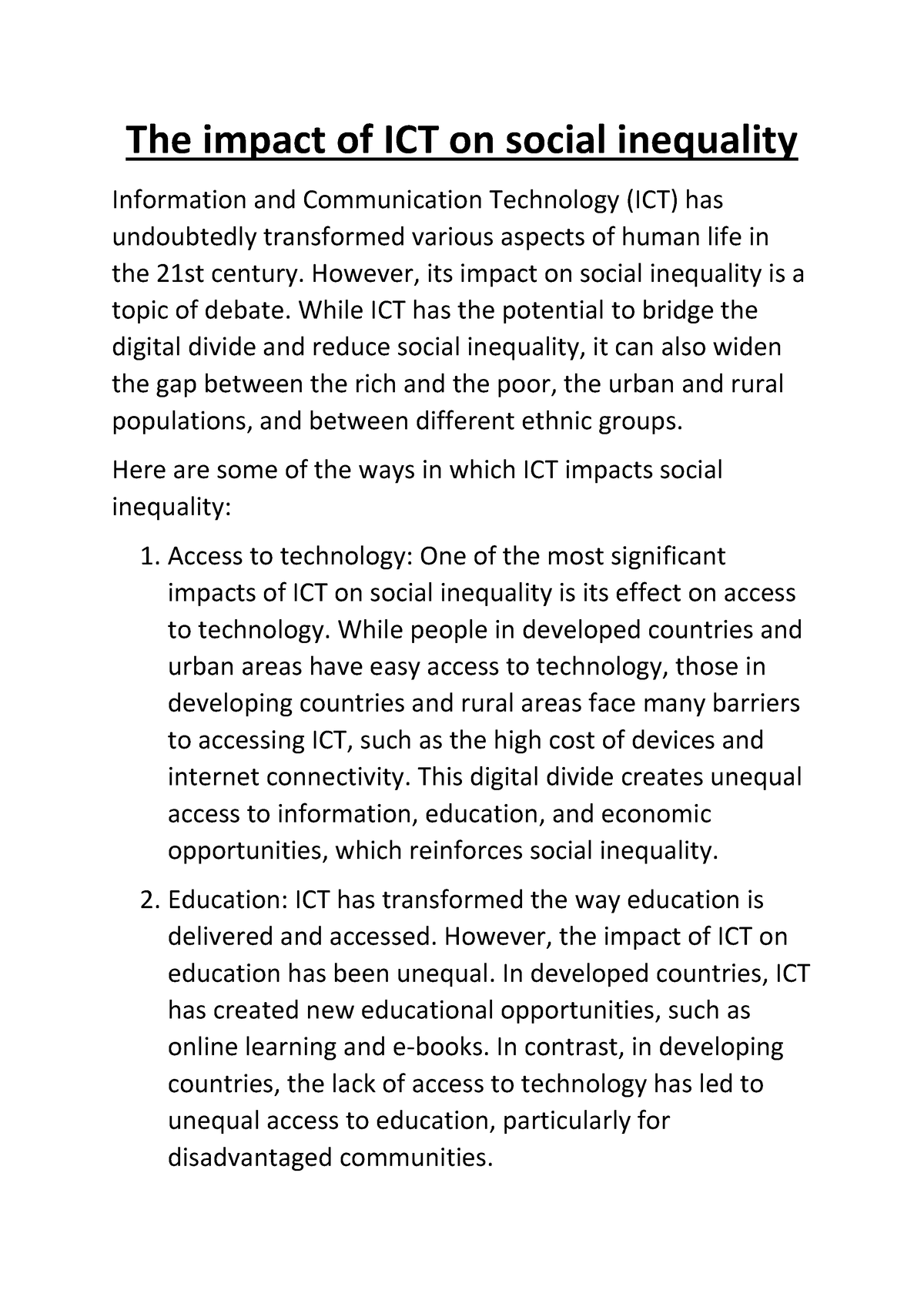 The impact of ICT on social inequality 1 - The impact of ICT on social ...