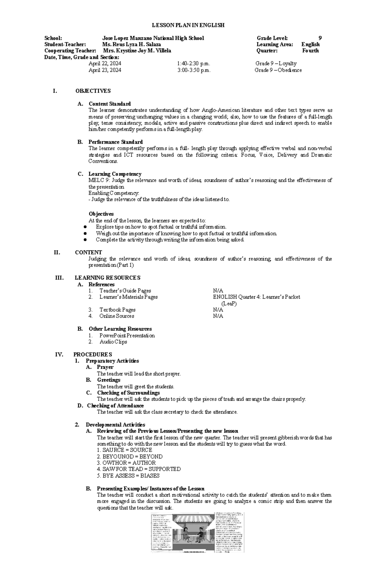 LP Week #1 - This is a lesson plan for 4th quarter in English - LESSON ...