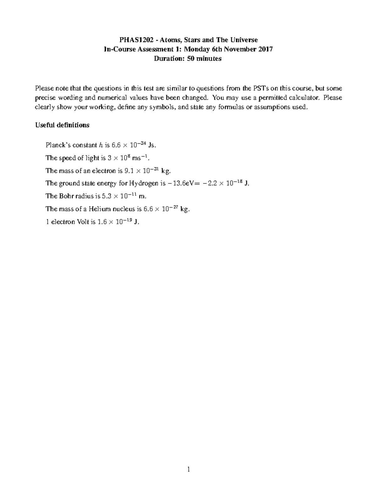 Ica 17 Exam Paper Phas12 Atoms Stars And The Universe In Course Assessment 1 Monday 6th Studocu