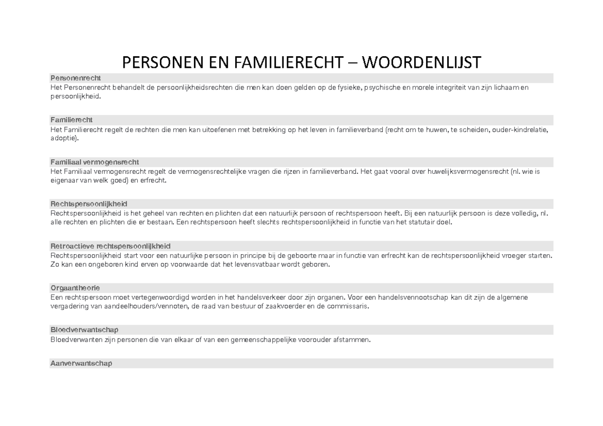 Personen en Familierecht - woordenlijst - PERSONEN EN FAMILIERECHT