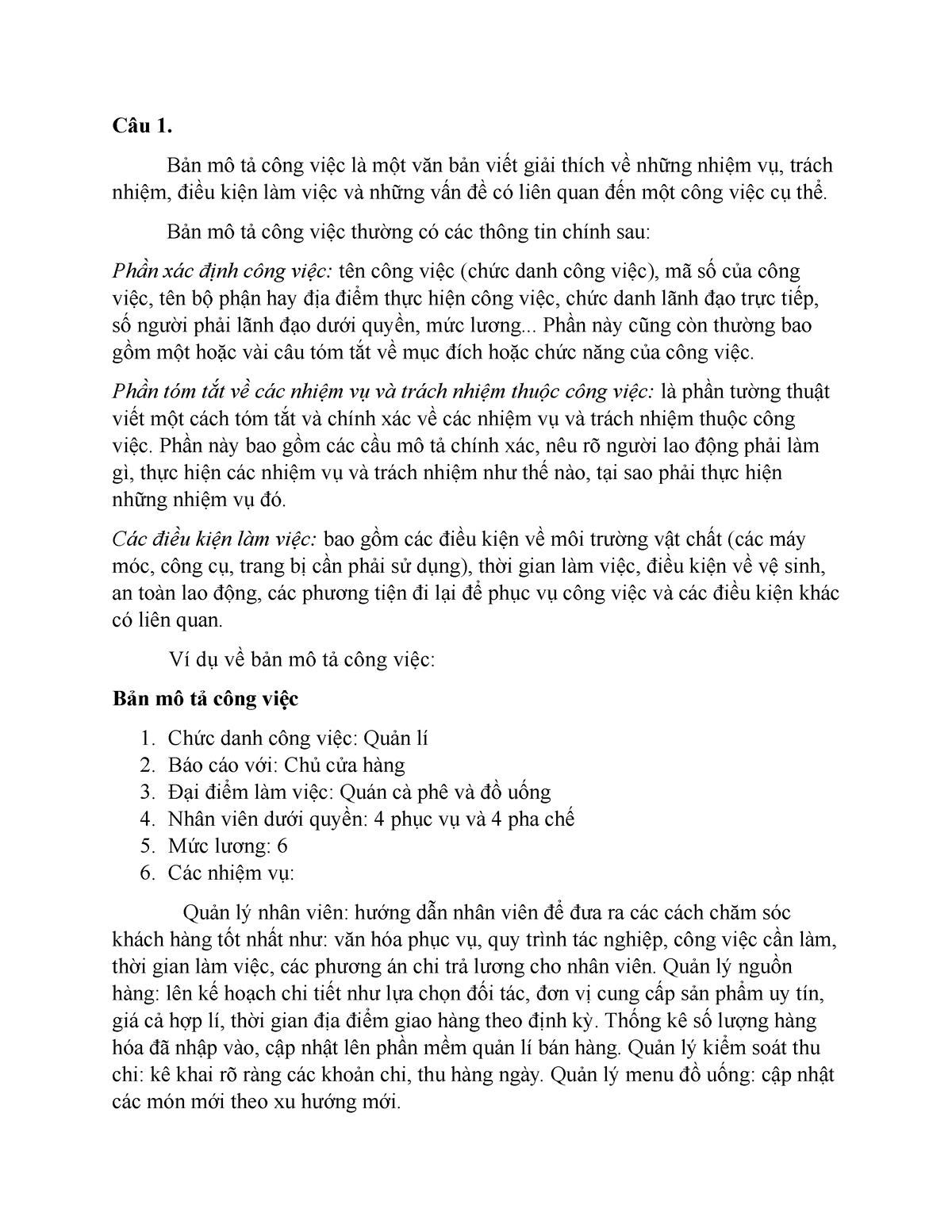 Bài tập cá nhân QTNL - Câu 1. Bản mô tả công việc là một văn bản viết ...