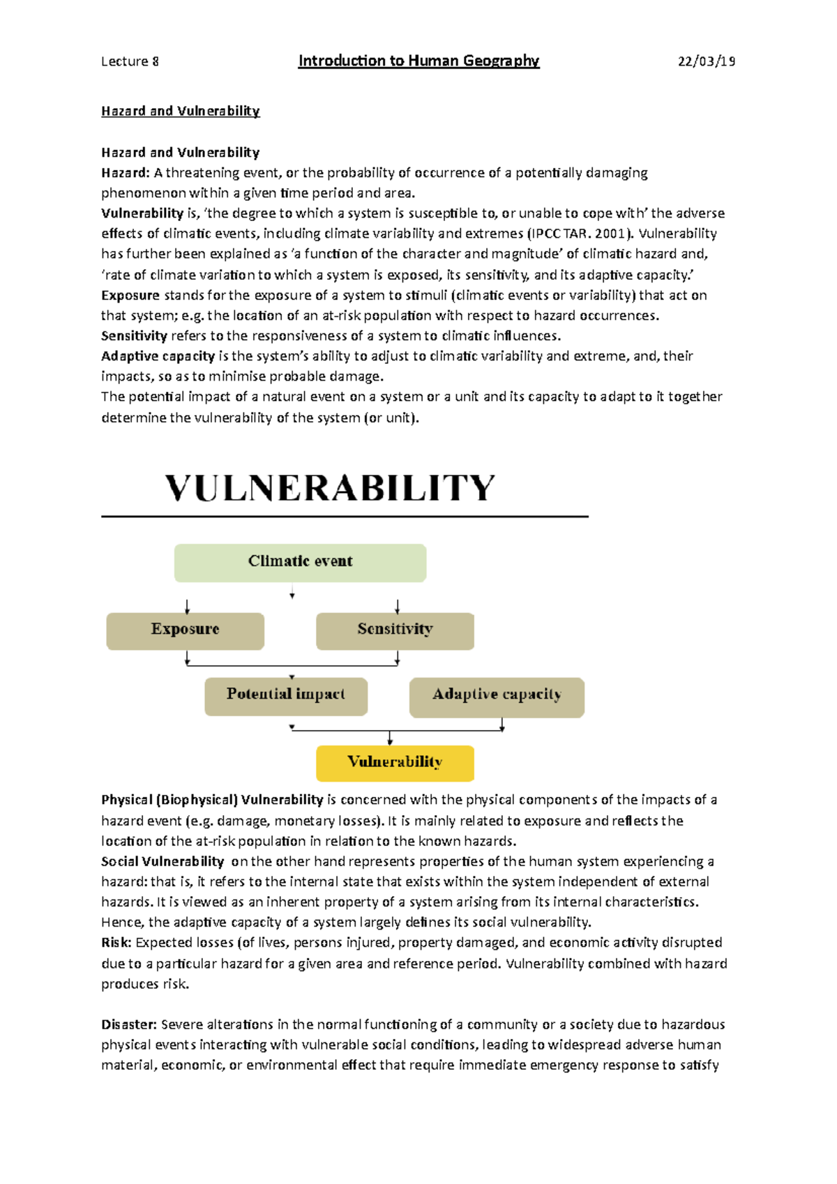 Lecture 8 - Hazard and Vulnerability - Lecture 8 Introduction to Human