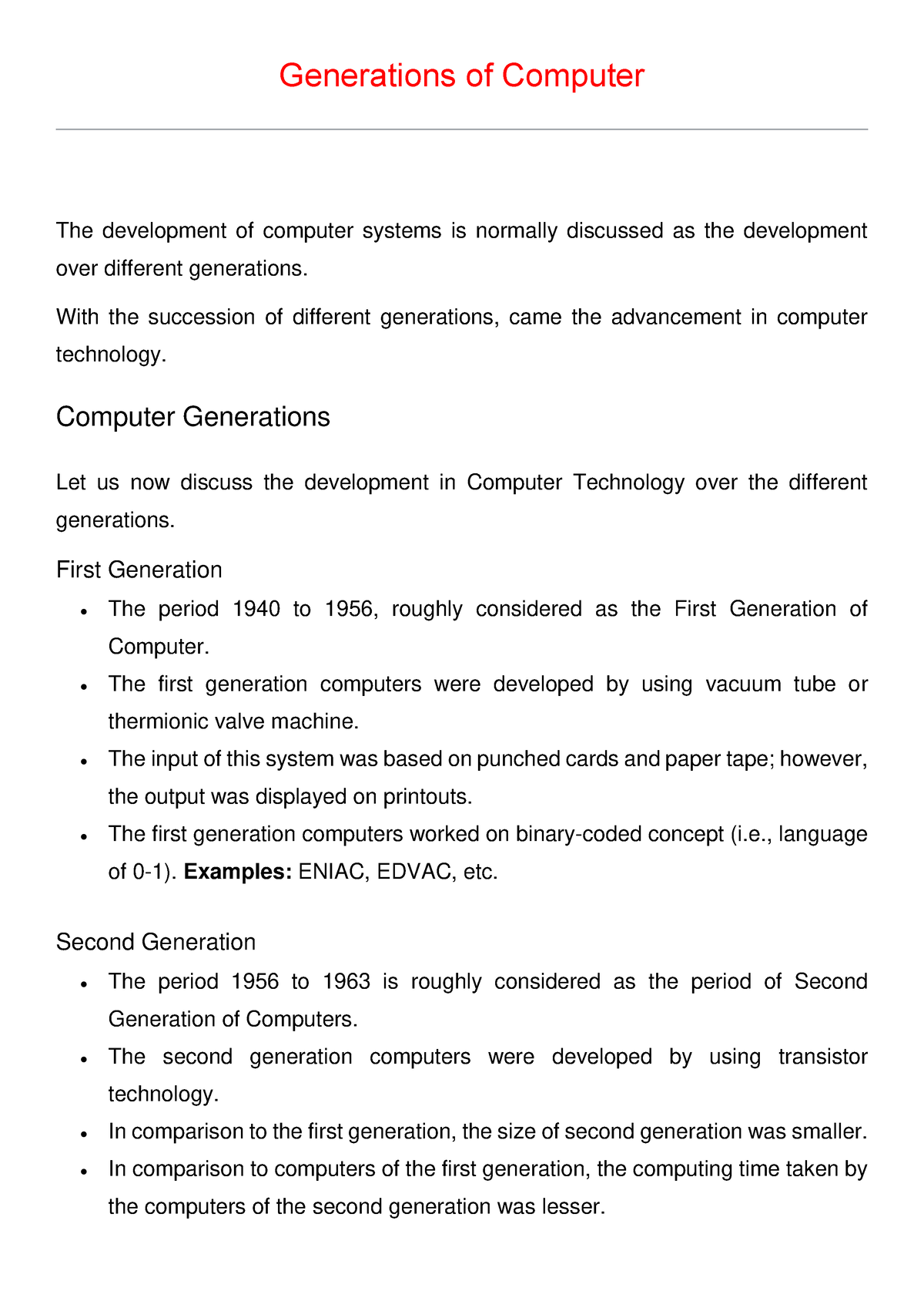 essay about generation of computer