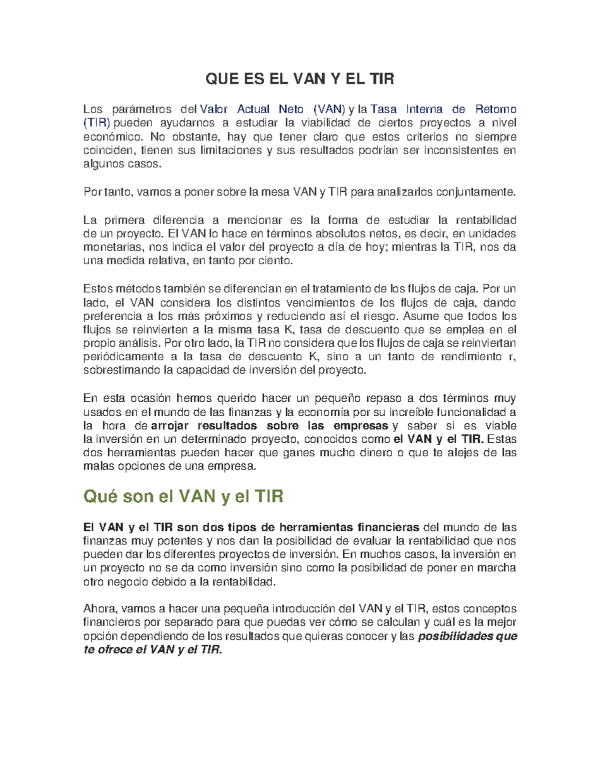 EL VAN Y EL TIR - Composición entre EL VAN Y EL TIR - QUE ES EL VAN Y ...