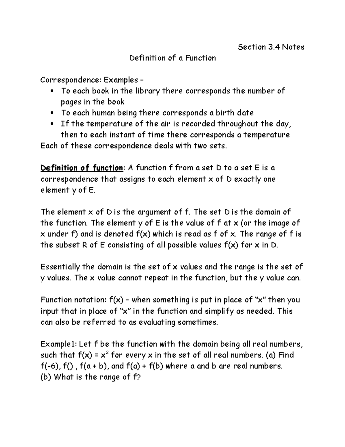 Section+3 - College algebra - Section 3 Notes Definition of a Function ...