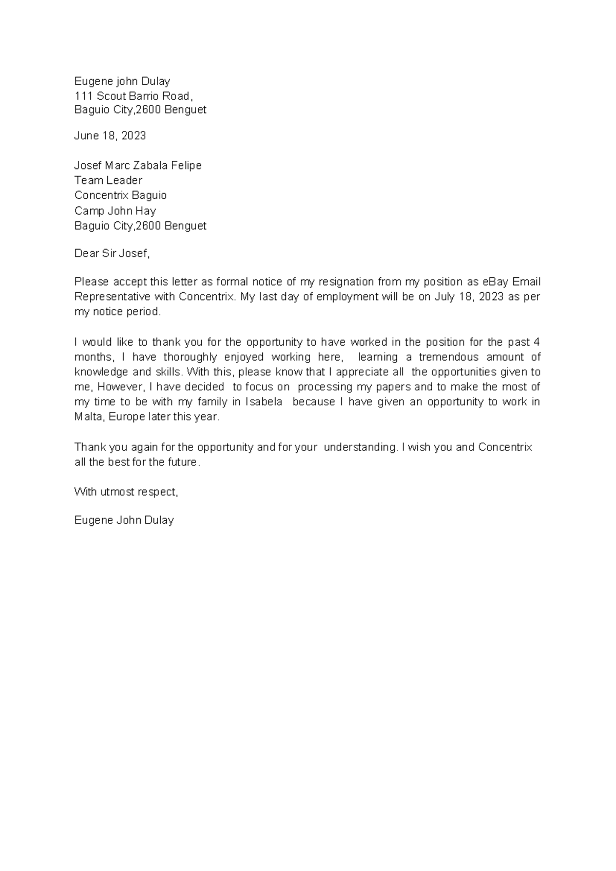 Letter of Resignation - Eugene john Dulay 111 Scout Barrio Road, Baguio ...