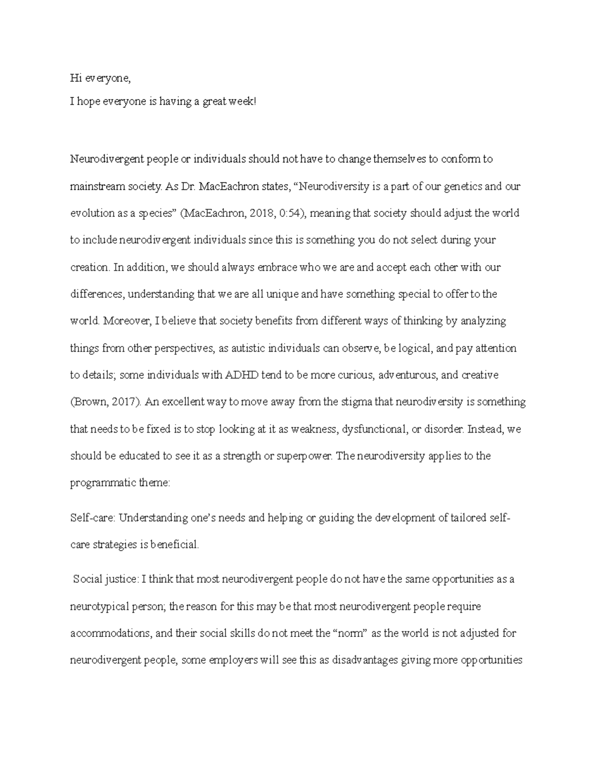 Week two - Discussion board for week two - Hi everyone, I hope everyone ...