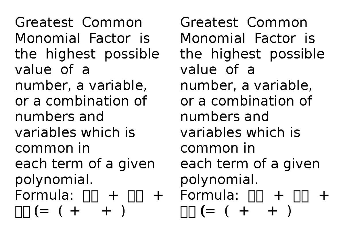 Greatest Common Monomial Factor Formula