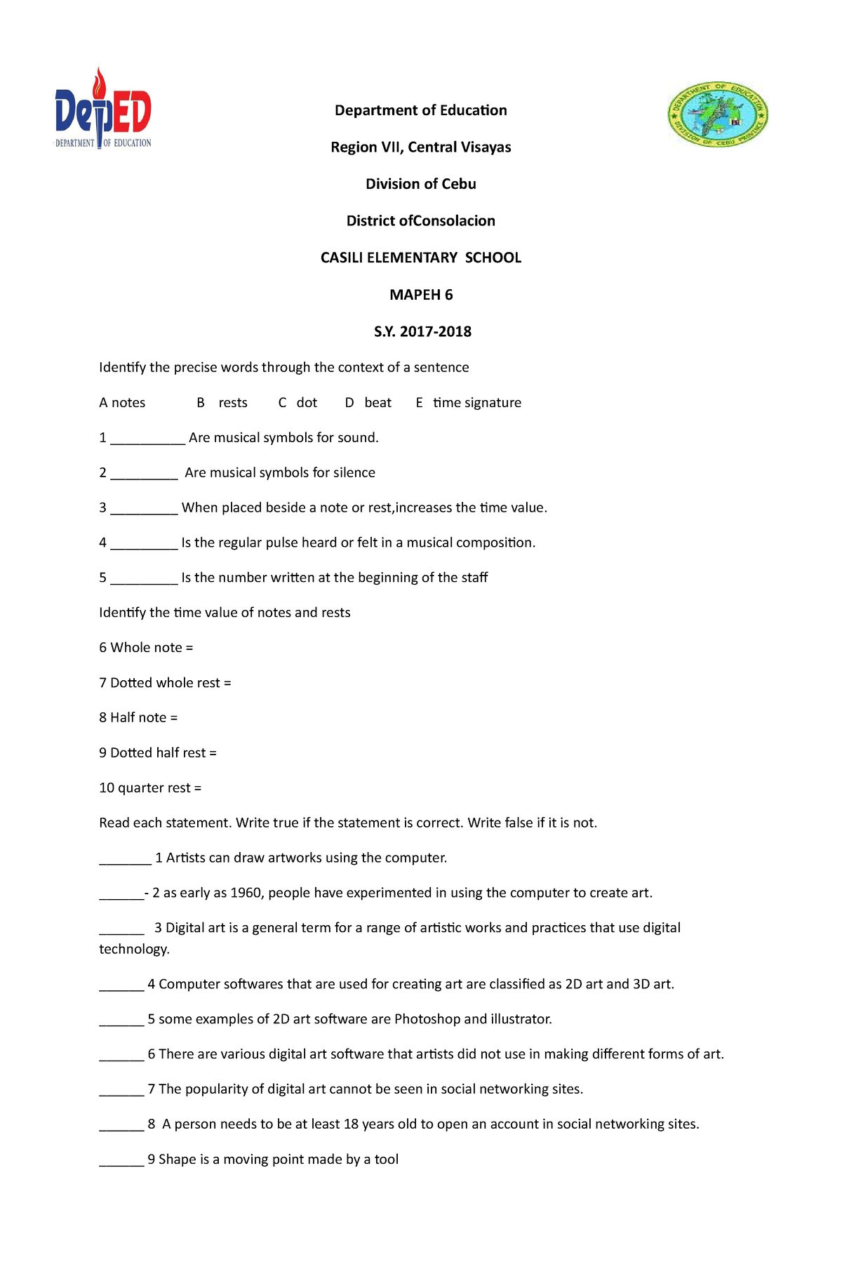 Testpaper IN Mapeh - Department of Education Region VII, Central ...