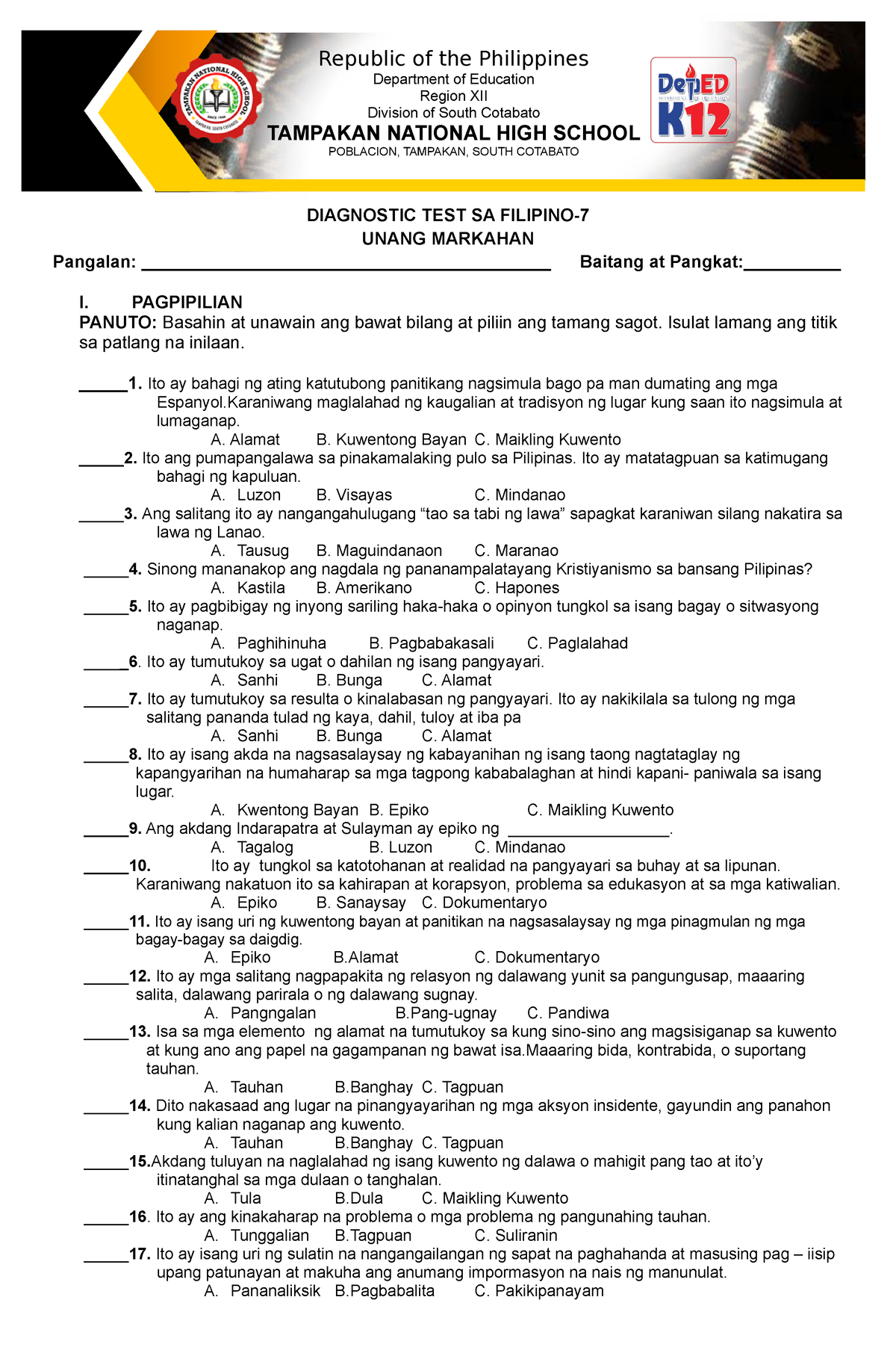 Diagnostic TEST SA Filipino DIAGNOSTIC TEST SA FILIPINO UNANG 