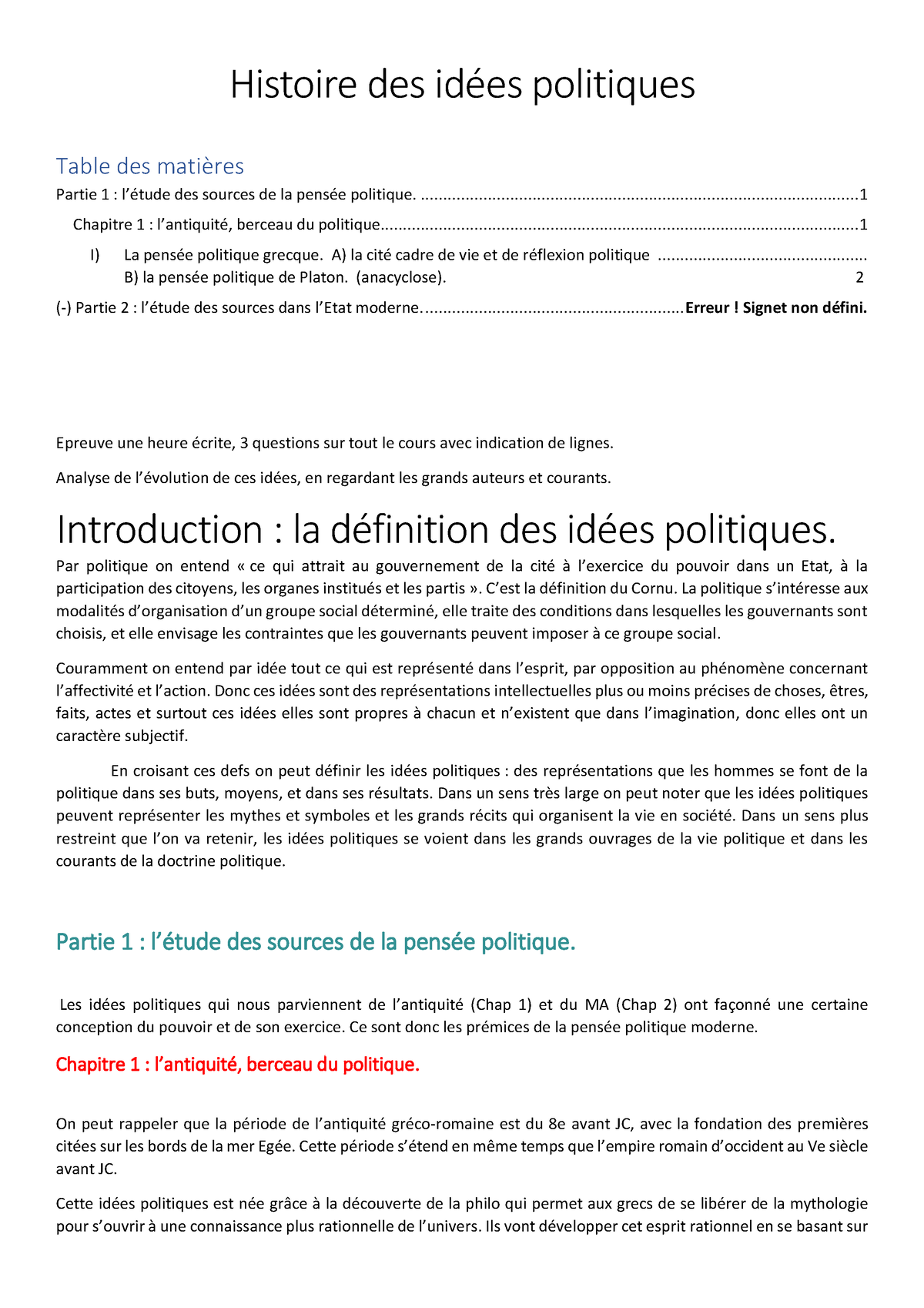 Cours Idées Politiques - Histoire Des Idées Politiques Table Des ...