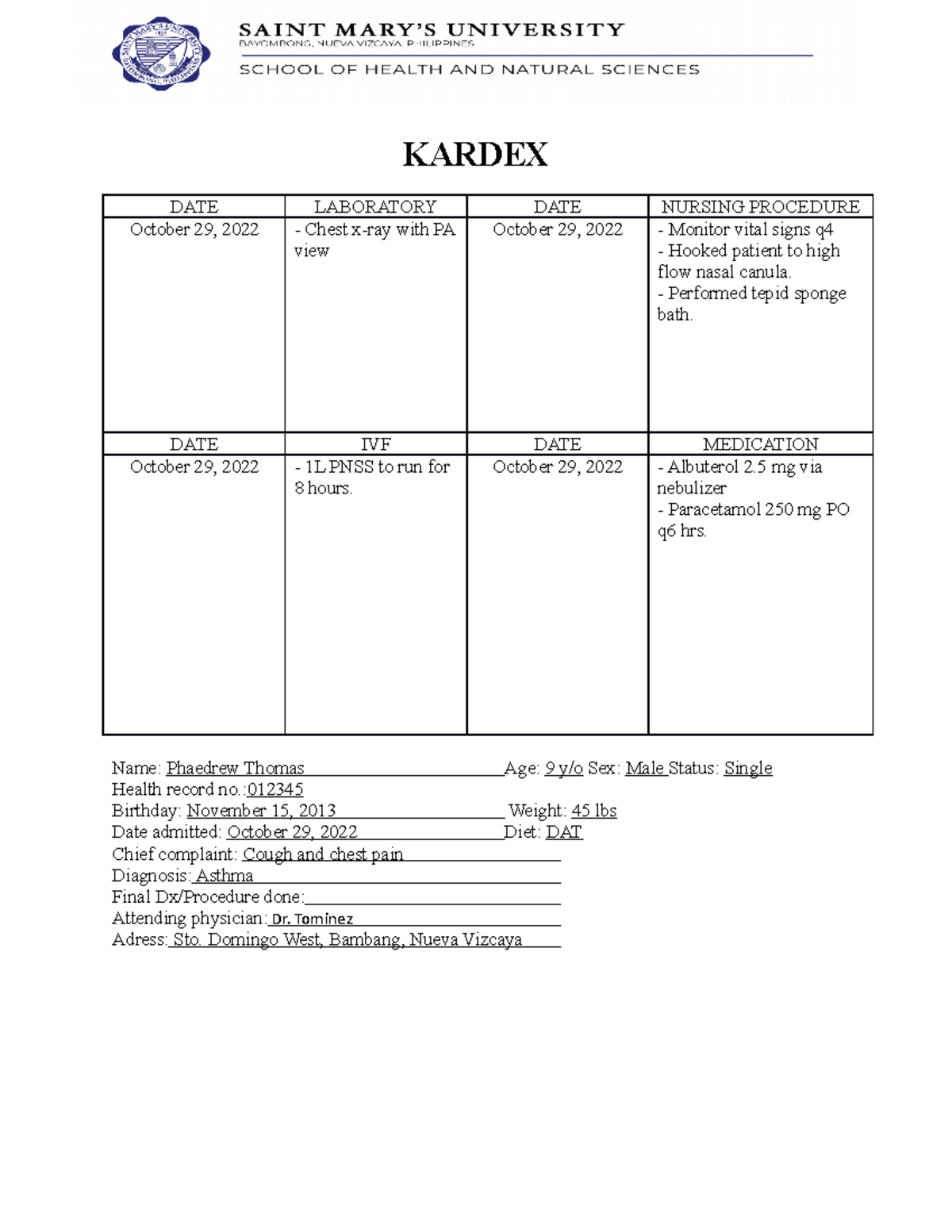KRDX KARDEX KARDEX DATE LABORATORY DATE NURSING PROCEDURE October