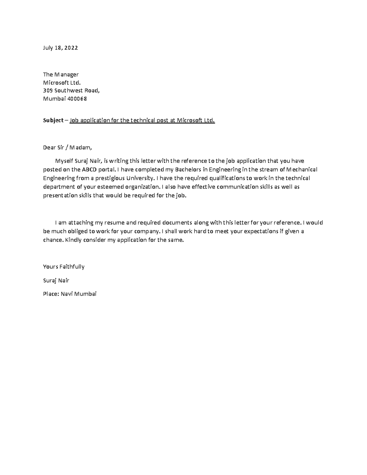 Job letter - Copy - July 18, 2022 The Manager Microsoft Ltd. 309 ...