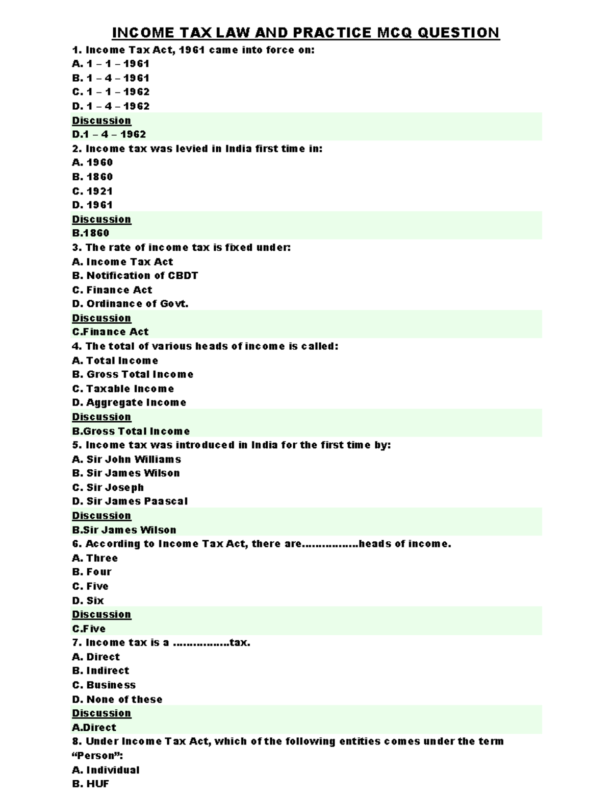 Income TAX-converted - INCOME TAX LAW AND PRACTICE MCQ QUESTION Income ...