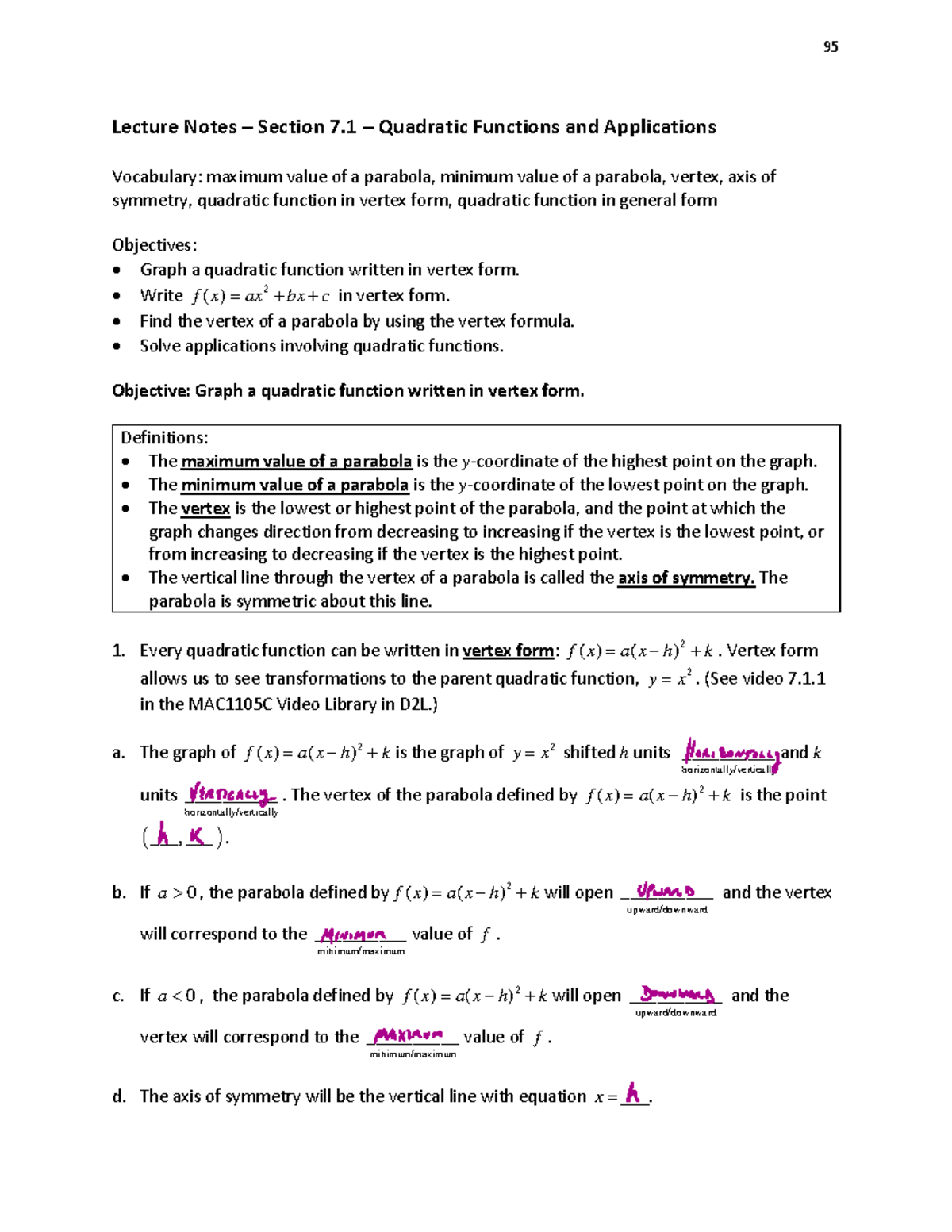 M1105C 7.1 LNAK Quadratic Functions and Applications W PG NUMS ...