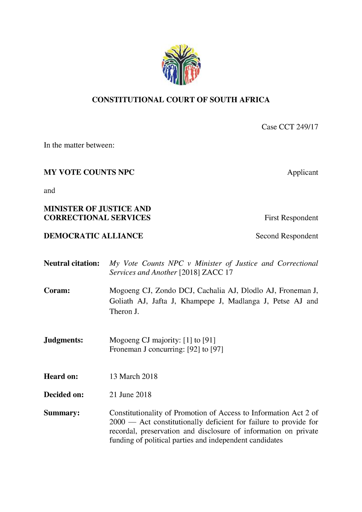 My Vote Counts Npc V Minister Of Justice And Correctional Services 2018 