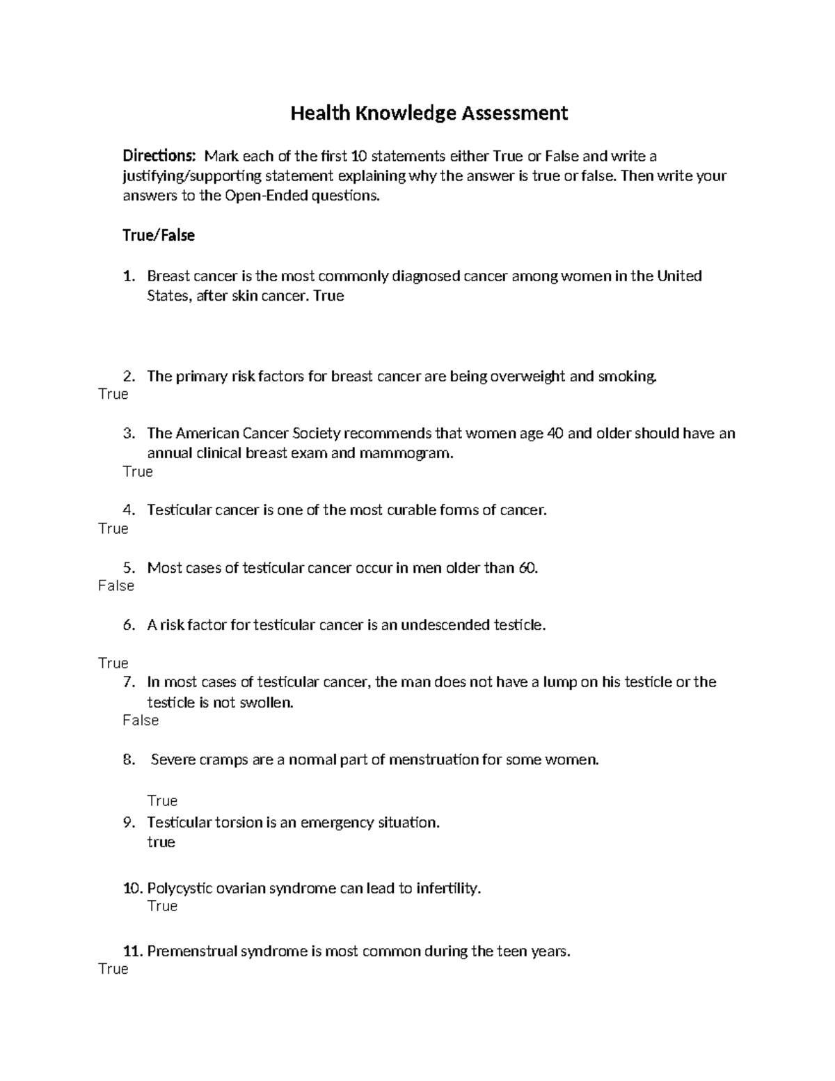 G10 HGD L1 Health Knowledge Assessment - Health Knowledge Assessment ...